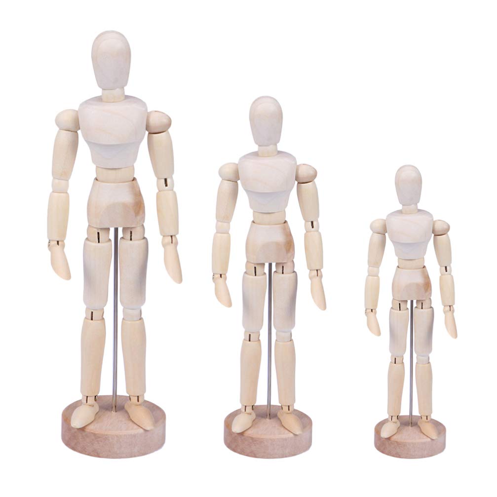 EXCEART 3-Piece Wooden Manikin Artist Figure Set - 12cm, 20cm, 30cm Human Body Model for Sketching, Drawing & Charcoal Art - Perfect Desk Decor for Artists, Students & Office (Gift Idea for Art Lovers) - Ideal for Art Classes, Home Studio & Creative Workspaces