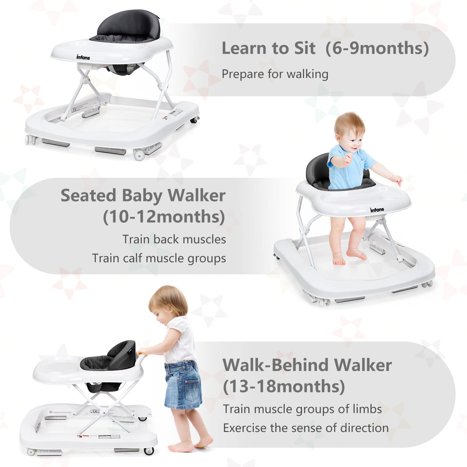 INFANS 3-in-1 Foldable Baby Walker with Adjustable Speed Wheels & Safety Bumper | Convertible Learning Walker for Toddlers (6-18 Months) | Detachable Seat Cover & Anti-Rollover Design - Perfect for First Steps, Indoor Play & Early Learning (Grey)