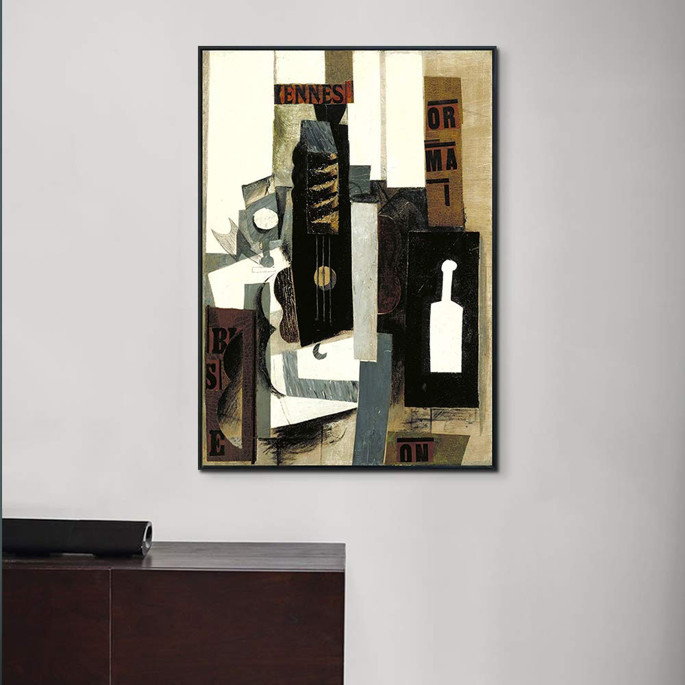 INVIN ART Framed Canvas Giclee Print - Pablo Picasso Guitar and Bottle Wall Art - 24x32 Inch Black Slim Frame - Premium Home & Office Decor for Living Room, Bedroom, Dining Area