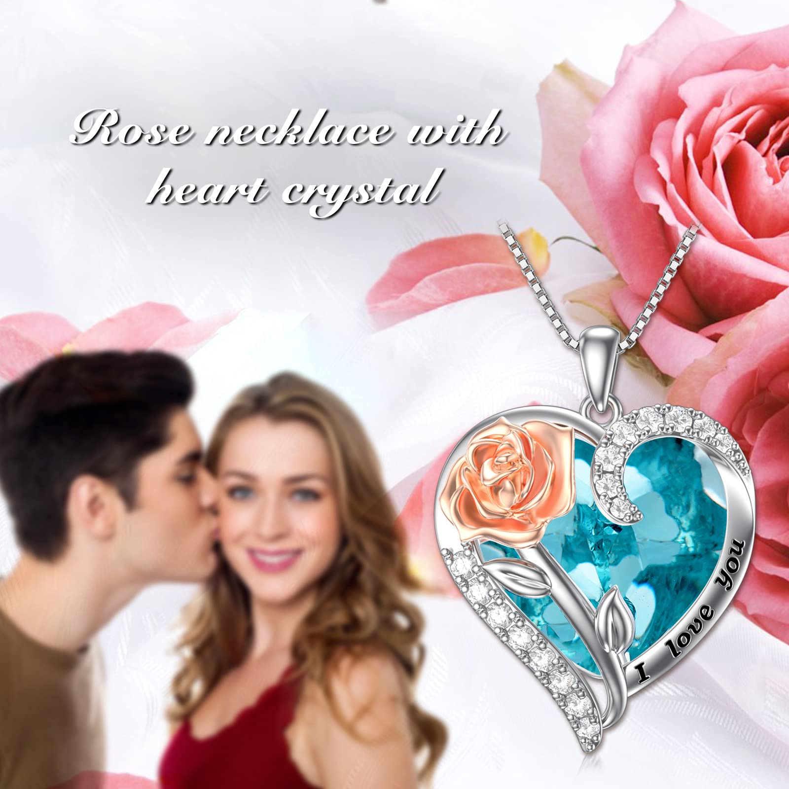 TOUPOP Rose Flower Necklace - 925 Sterling Silver Rose Crystal Pendant with Heart Birthstone, Valentines Day Gifts for Her, Wife, Girlfriend, Mom | Anniversary & Birthday Jewelry | Perfect for Romantic Dates, Proposals & Special Occasions