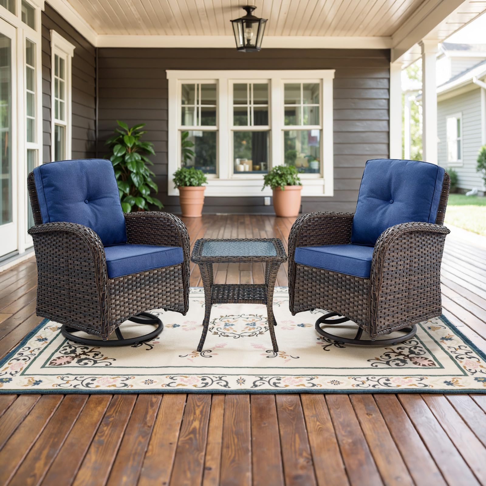 Outdoor Swivel Rocking Chairs Set of 2 with Rattan Side Table - Patio Wicker Swivel Glider Chairs 3-Piece Furniture Set for Deck, Porch, Pool (Brown/Blue) - Perfect for Relaxing, Lounging, and Entertaining Guests