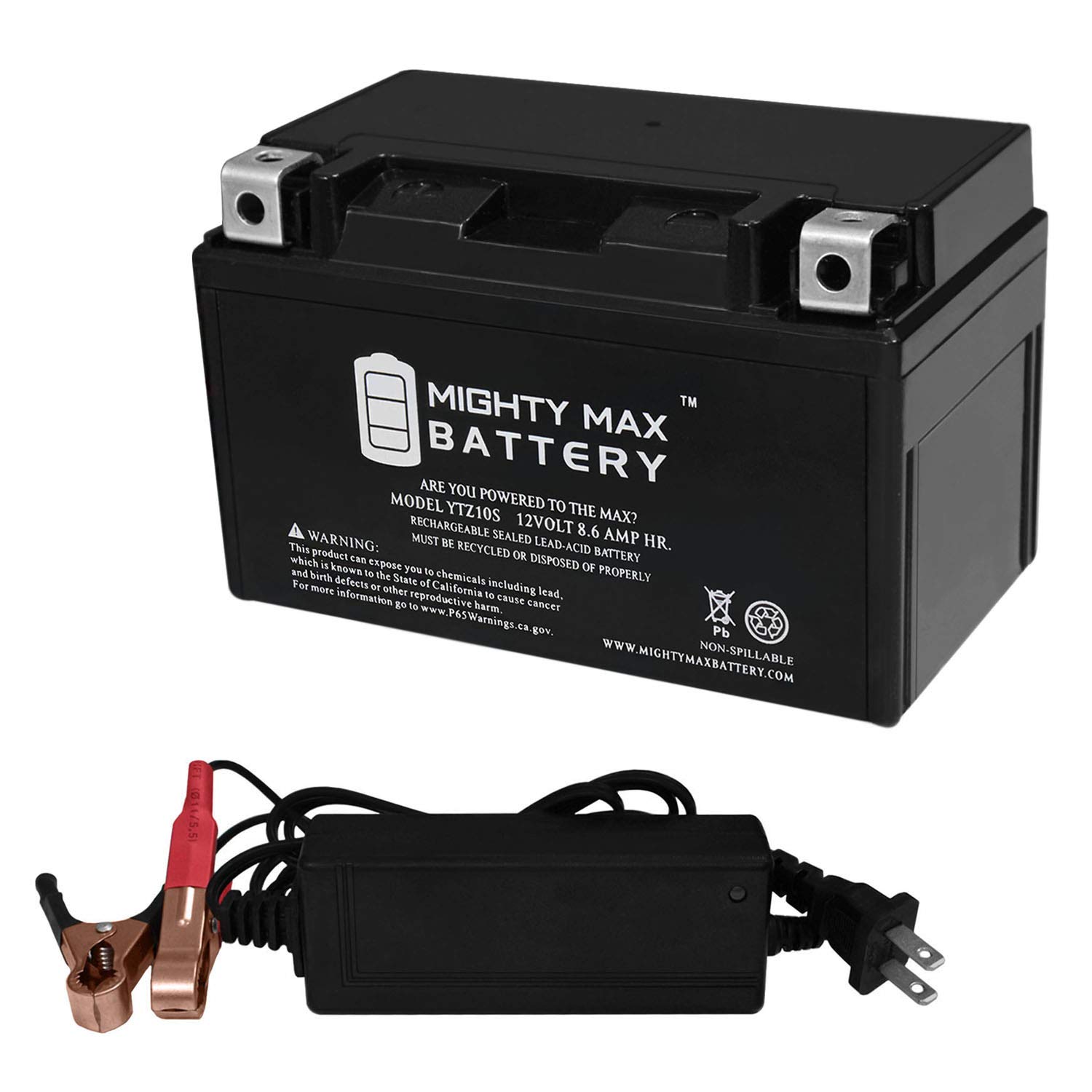 Mighty Max YTZ10S 12V 2.3Ah AGM Battery Replacement with 2A Charger - Compatible with Motorcycles, ATVs, Scooters & Power Sports Vehicles - Perfect for Cold Weather Starting & Long-Term Storage