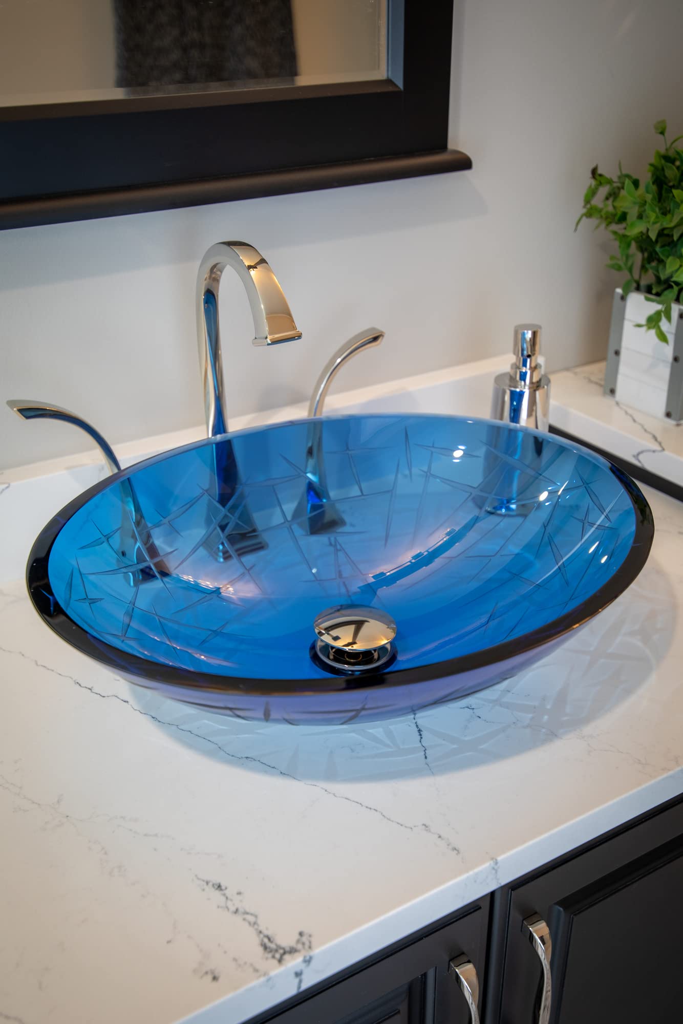 Blue Crystal Cut Oval Glass Bathroom Vessel Sink - Modern Oval Glass Vessel Sink for Bathroom Vanity, Countertop Washbasin - Perfect for Contemporary Bathrooms, Powder Rooms & Luxury Home Decor