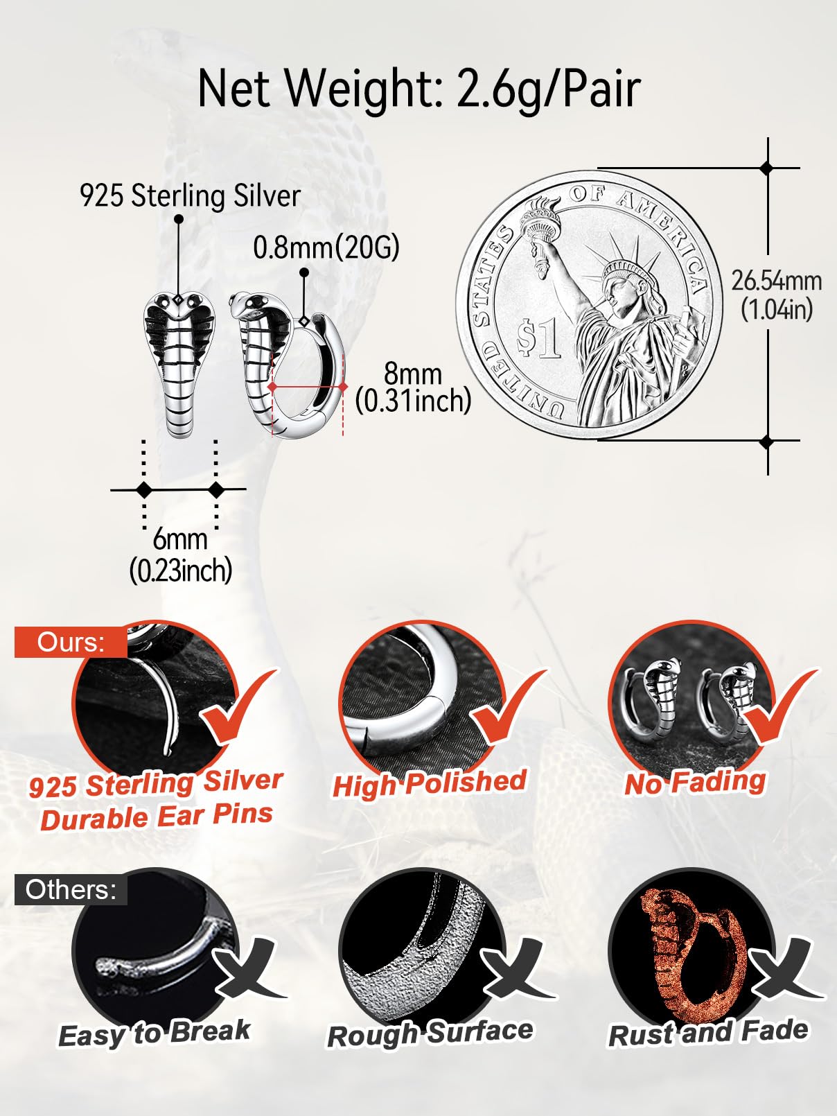 FaithHeart Snake Earrings for Women & Men - 925 Sterling Silver Punk Cobra Stud & Hoop Earrings | Hypoallergenic Dangle Ear Jewelry with Gift Box | Perfect for Gothic, Rocker & Boho Fashion Styles