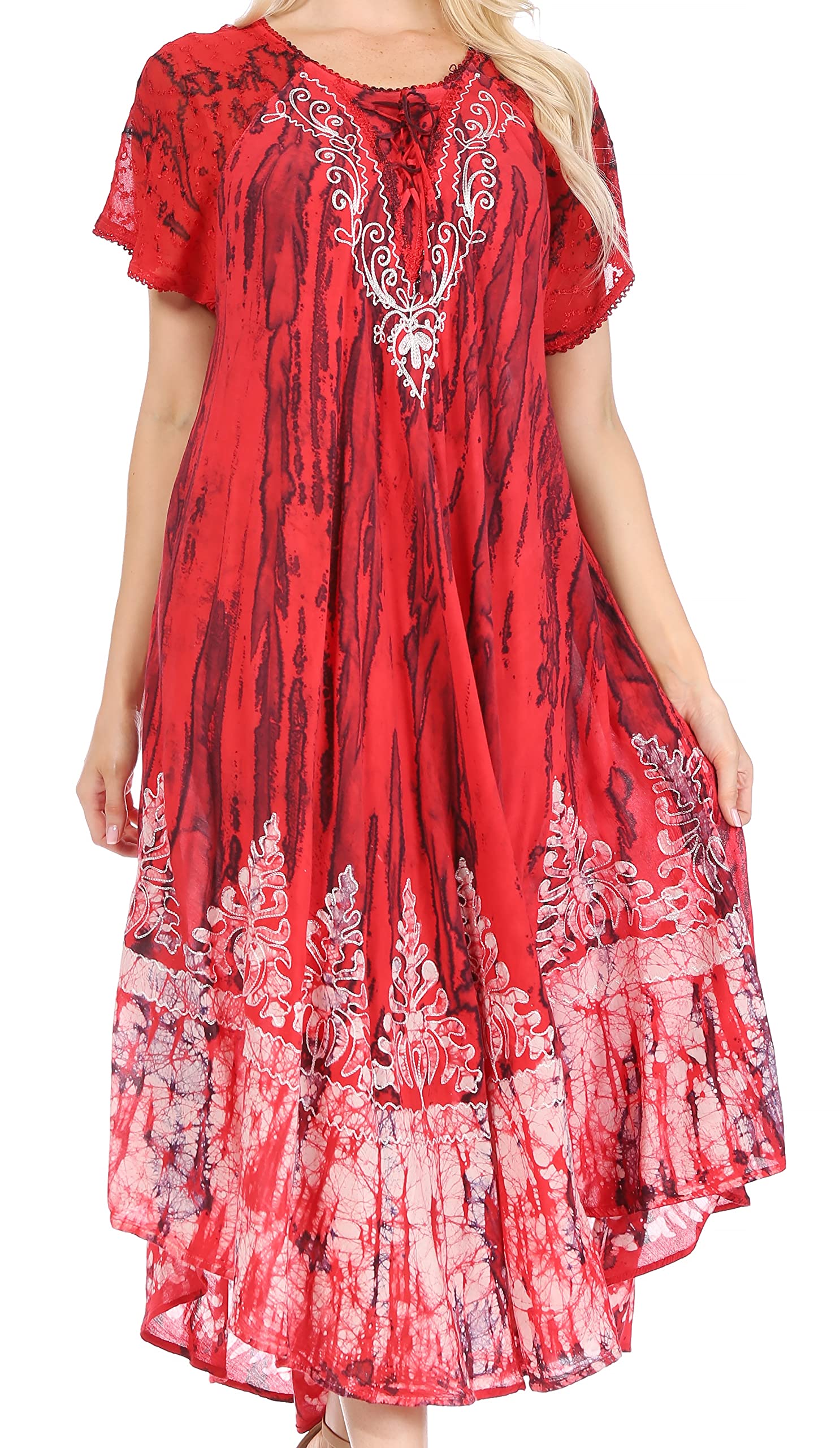 Sakkas Ronny Lace Embroidered Cap Sleeve Tie Dye Wash Caftan Dress - Beach Cover Up, Boho Maxi Dress for Summer Vacation, Pool Party & Resort Wear