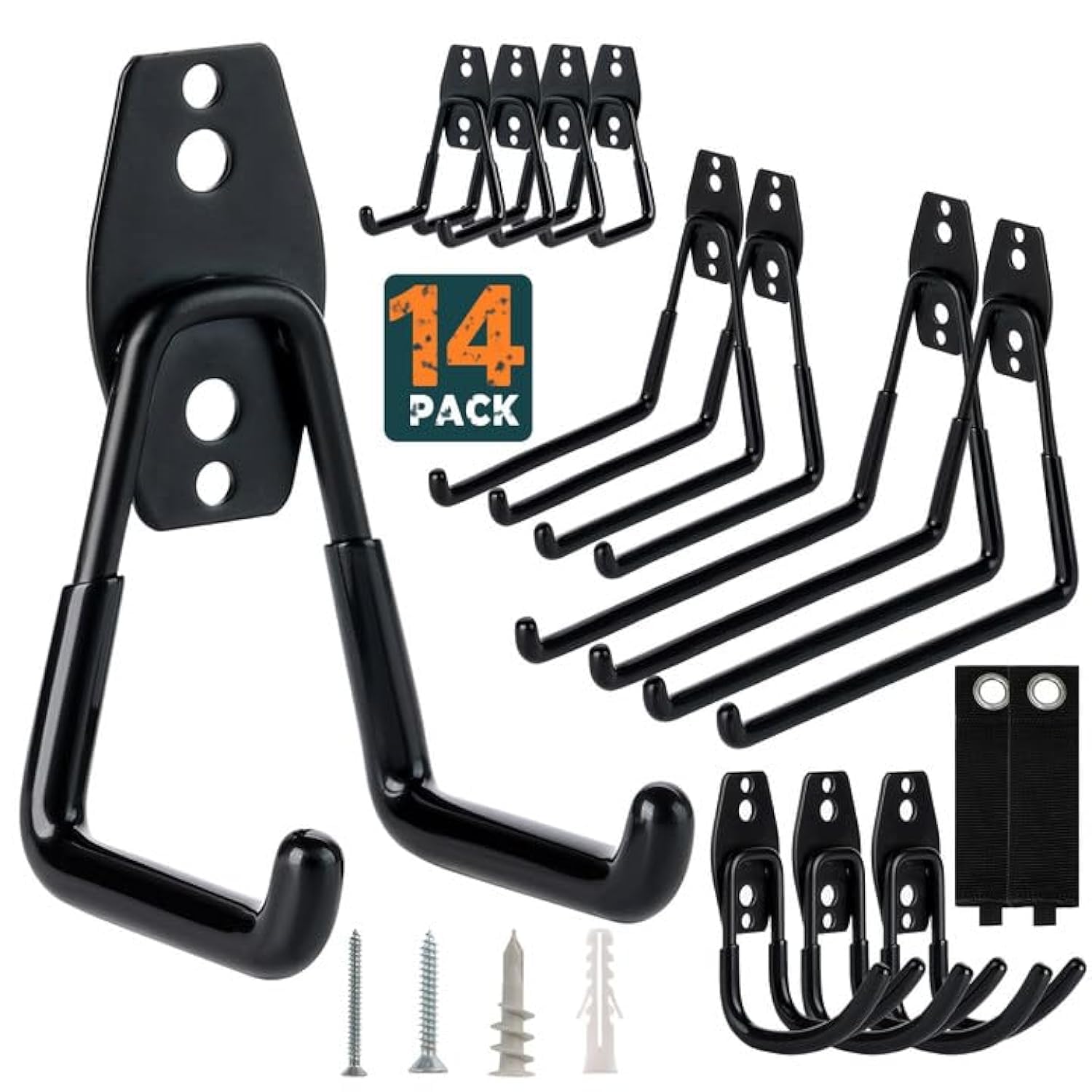 14-Pack Heavy Duty Garage Wall Hooks - Utility Hanging Hooks for Garage Storage & Organization - Perfect for Ladders, Bikes, Garden Tools & More - Durable Wall Mount Hooks for Home, Workshop & Shed Organization