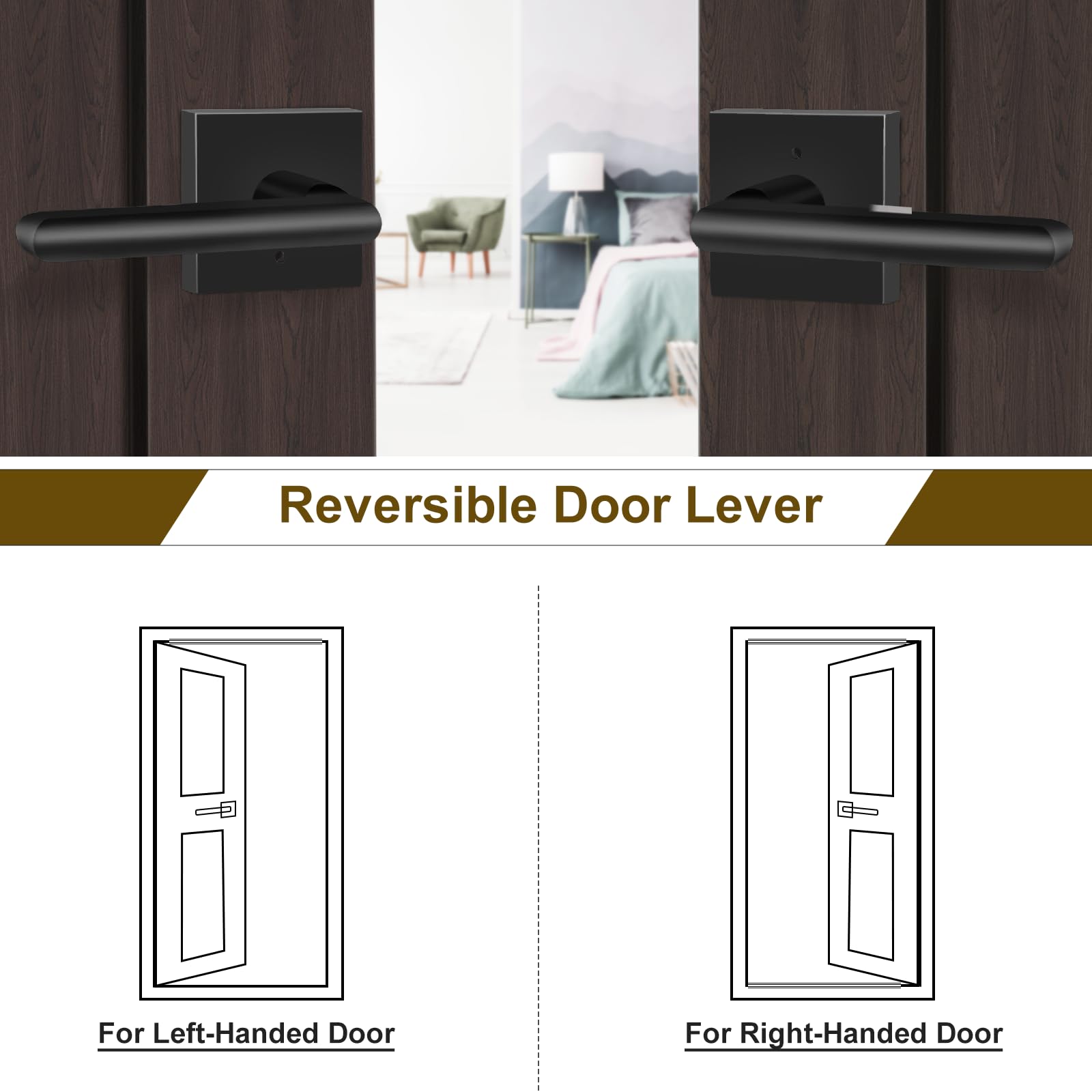 HOSOM 6 Pack Matte Black Privacy Door Levers - Square Keyless Reversible Interior Door Handles for Bedroom & Bathroom - Fits Left & Right Handed Doors | Modern Home Security & Privacy Solution