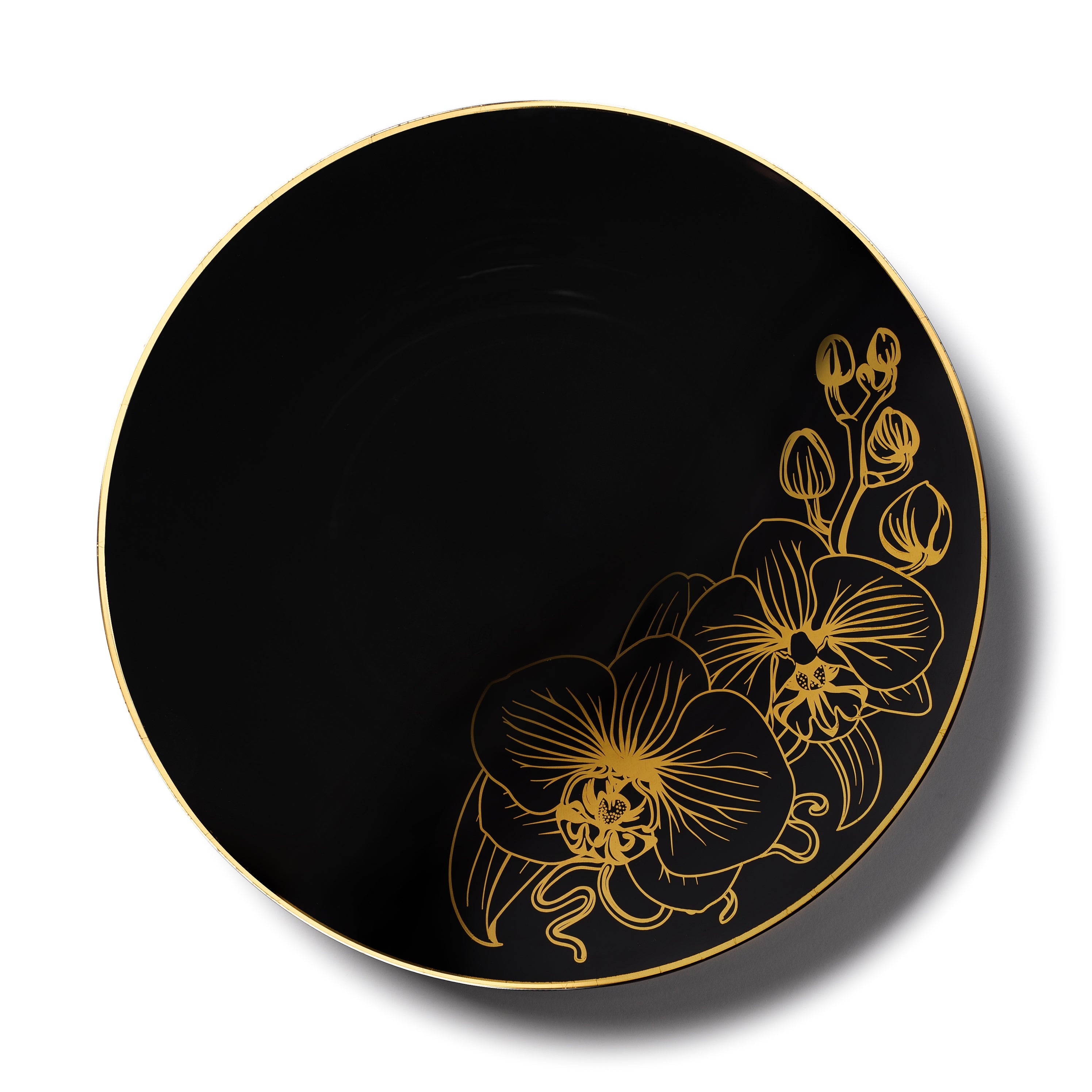 Elegant Black and Gold Round Plastic Plates - 12-Pack Disposable Dinnerware for Parties, Weddings & Events - Orchid Floral Design - Perfect for Indoor & Outdoor Gatherings