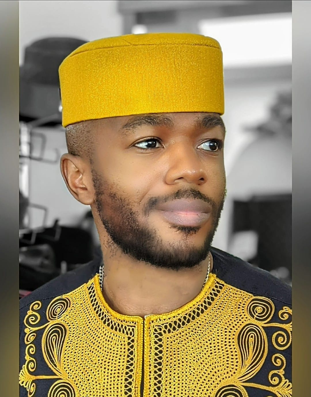 Authentic Gold Biodun Gfila African Aso Oke No Brim Kufi Hat for Men - Traditional Nigerian Wedding & Cultural Events - Perfect for Special Occasions, Religious Ceremonies, and African Fashion