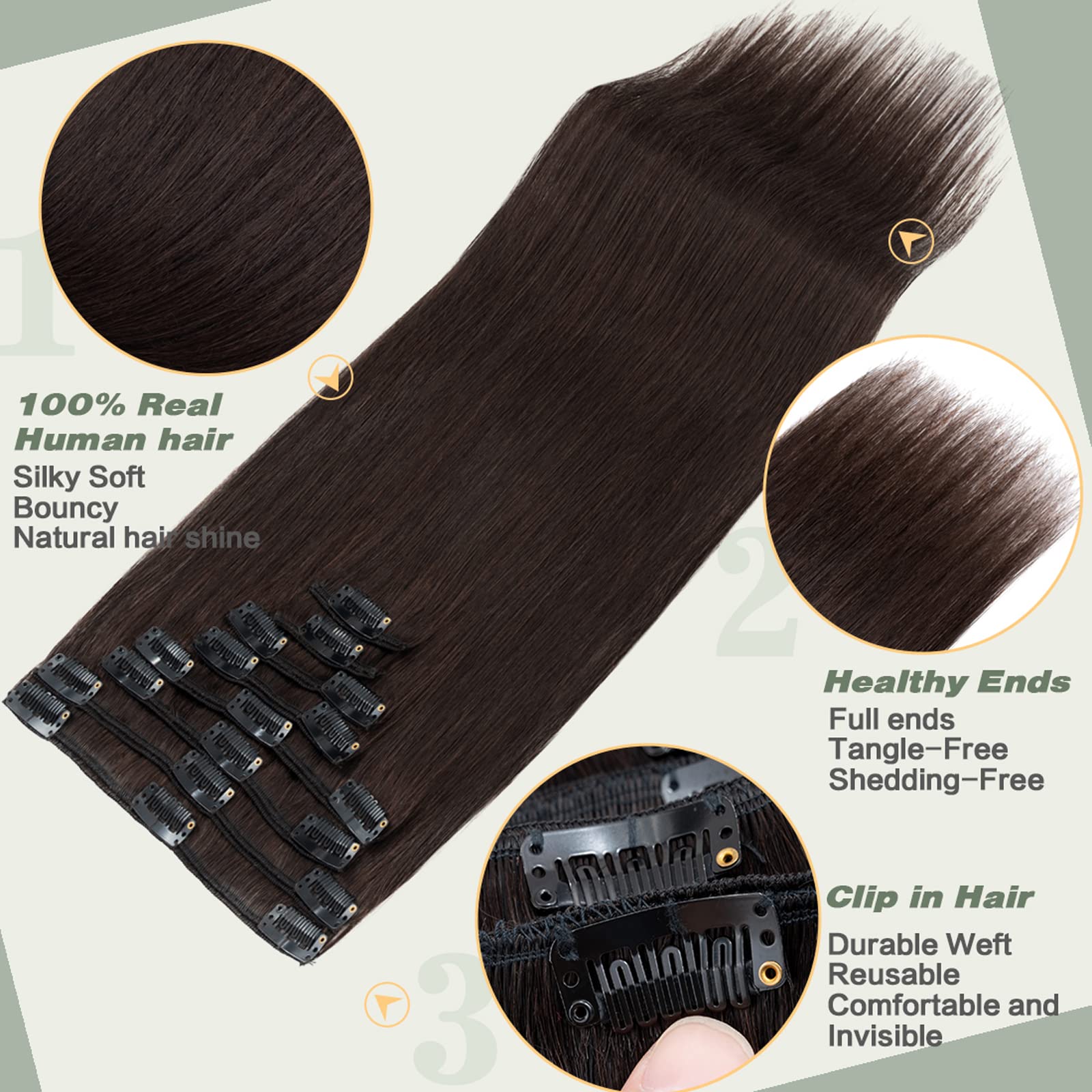 Clip in Human Hair Extensions 8 Pieces 18 Clips 100% Real Silky Remy Hair 20 Inch 105g Dark Brown (#2) for Volume & Length - Perfect for Parties, Weddings & Daily Styling