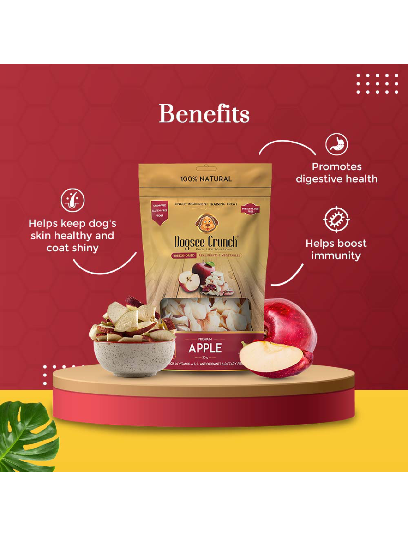 Freeze Dried Apple Dog Treats by Dogsee Crunch - 30g Natural & Healthy Snacks for Training, Rewards & Dental Health - Perfect for Small, Medium & Large Dogs