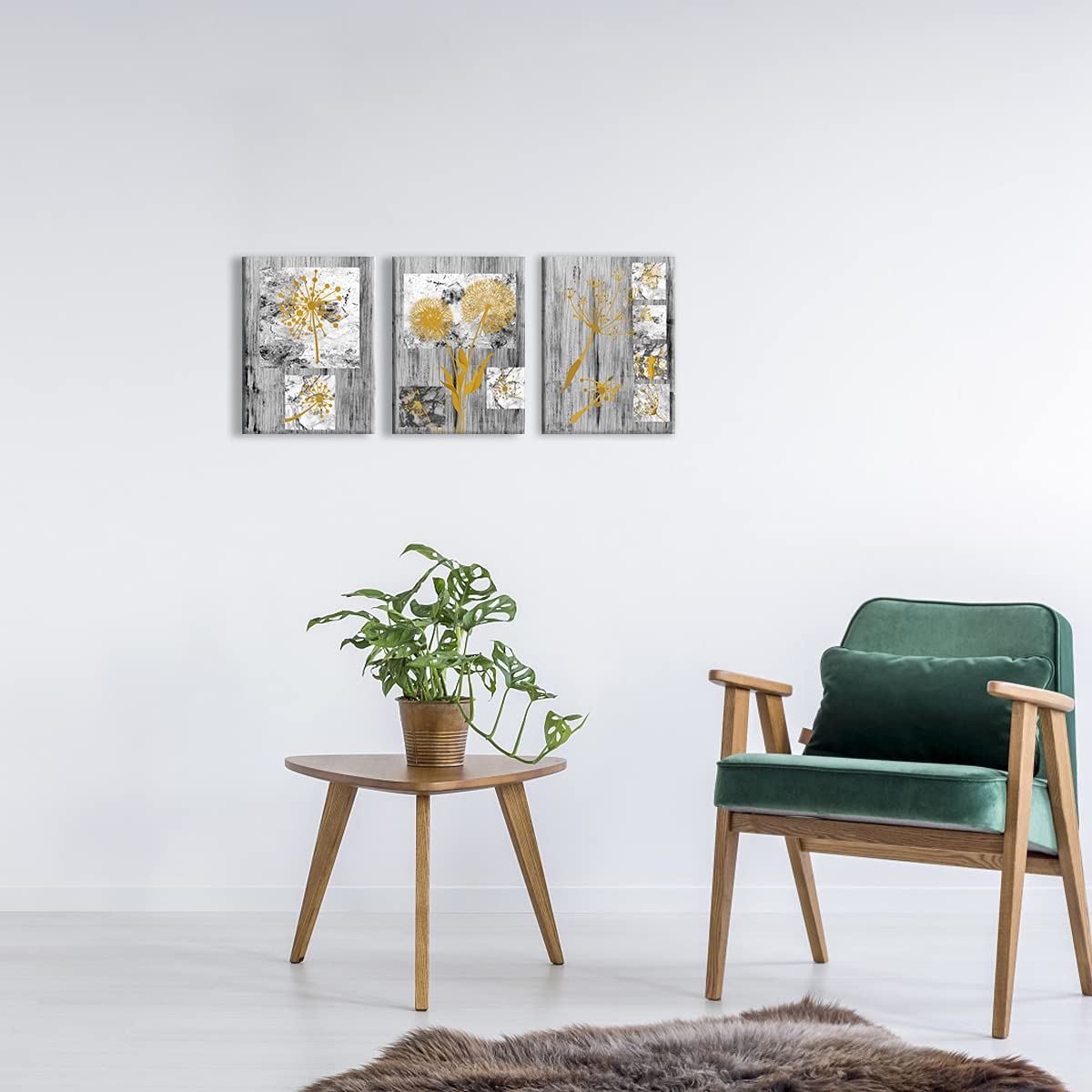 Kalormore Abstract Yellow Flowers Canvas Wall Art - Dandelion Painting Giclee Prints with Rustic Grey Background - Floral Home Decor for Living Room, Bedroom & Office