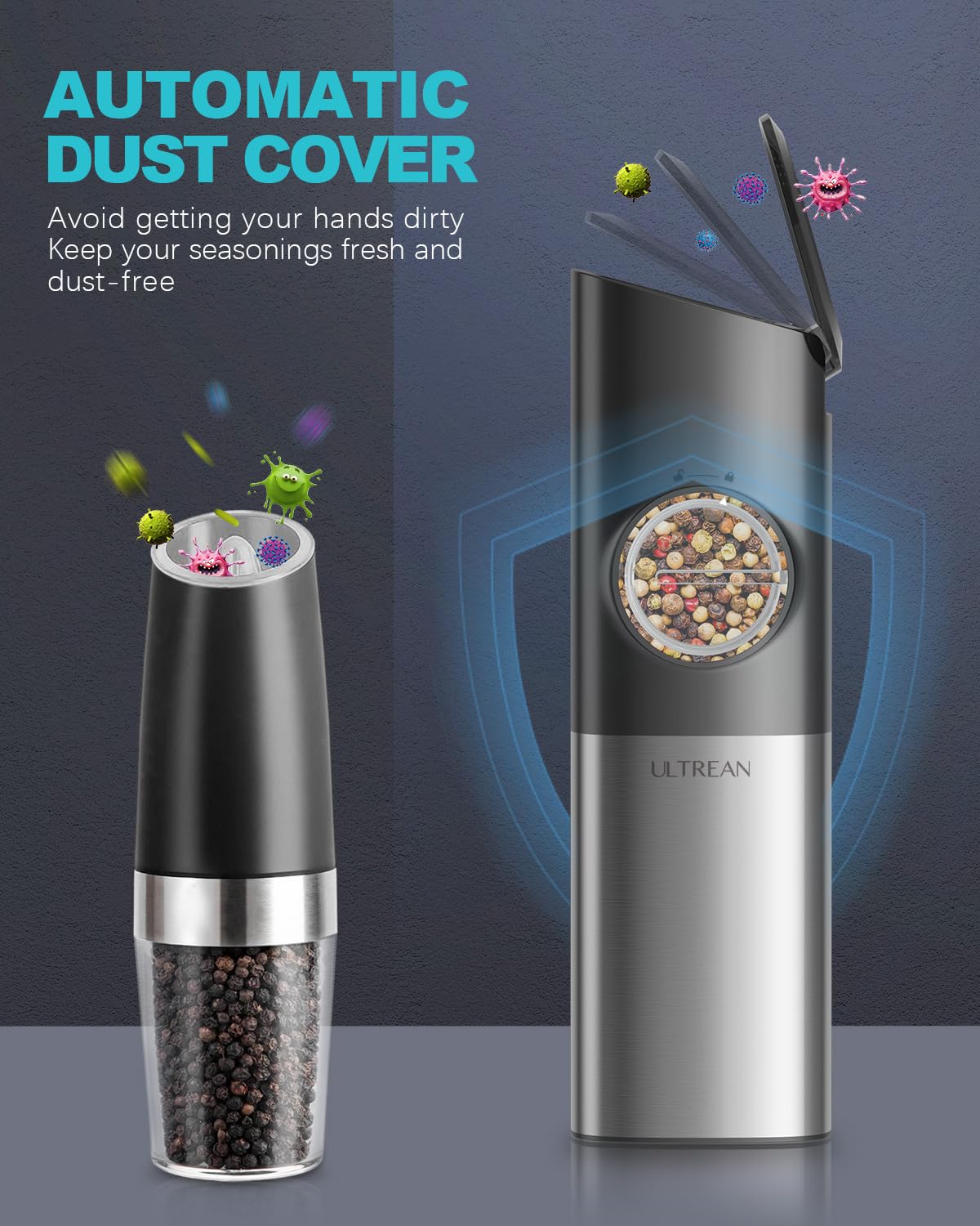 Ultrean USB Rechargeable Gravity Electric Salt and Pepper Grinder Set - Adjustable Coarseness, One-Hand Operation, Stainless Steel - Perfect for Kitchen, Dining Table & Outdoor BBQ