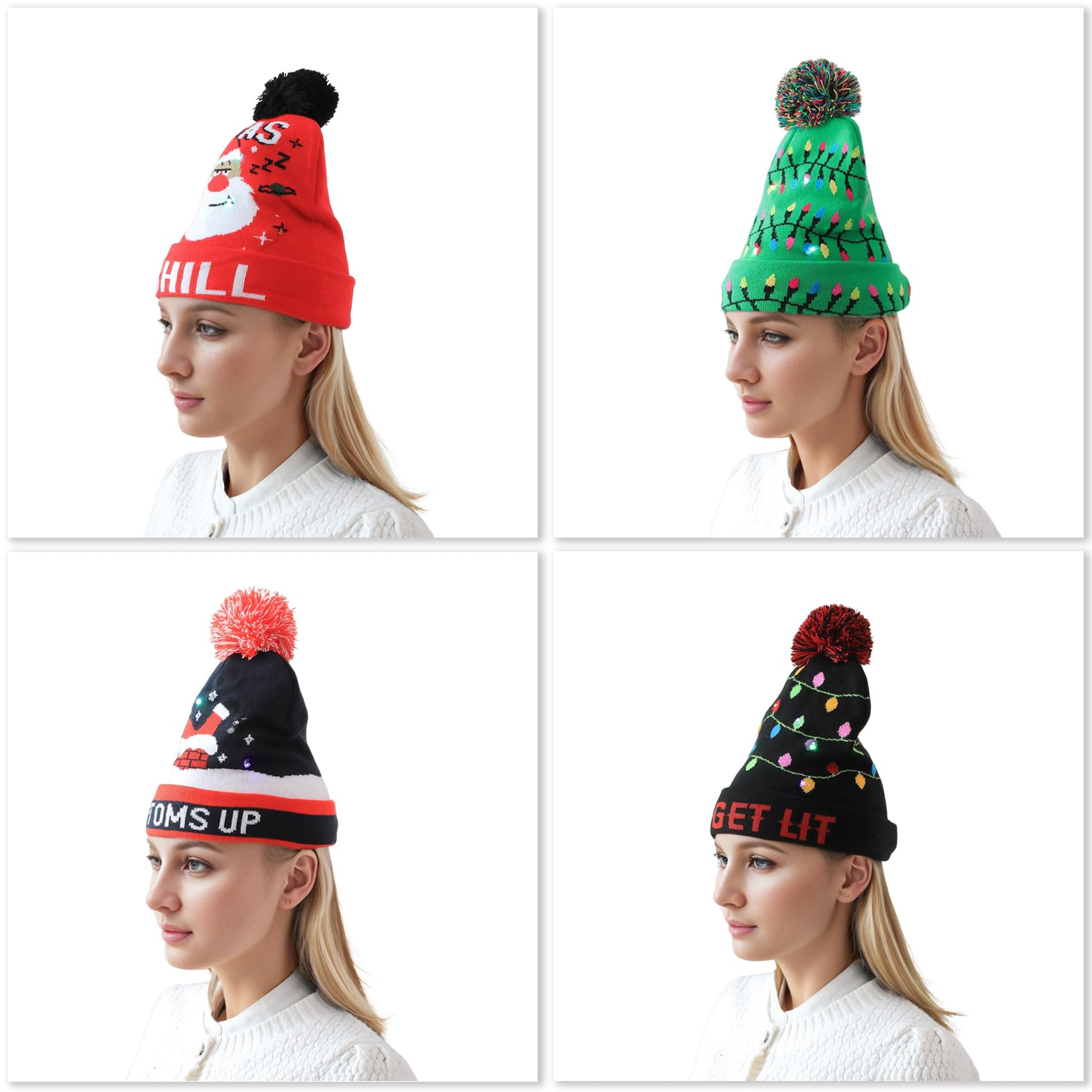 4-Pack LED Christmas Knitted Hats with 6 Colorful Built-in Lights - Unisex Light Up Beanie for Ugly Sweater Parties, Winter Holidays & Festive Gatherings | Perfect for Christmas Celebrations, Gift Exchanges & Family Photos