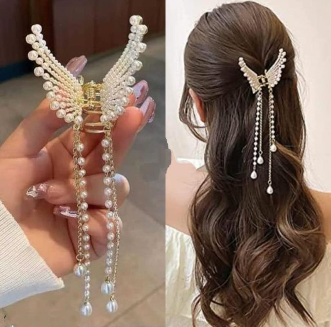 Trendy Club 2-Pack White Pearl Butterfly Metal Hair Claw Clips - Elegant Hair Accessories for Women, Girls | Perfect for Parties, Weddings & Everyday Hairstyles