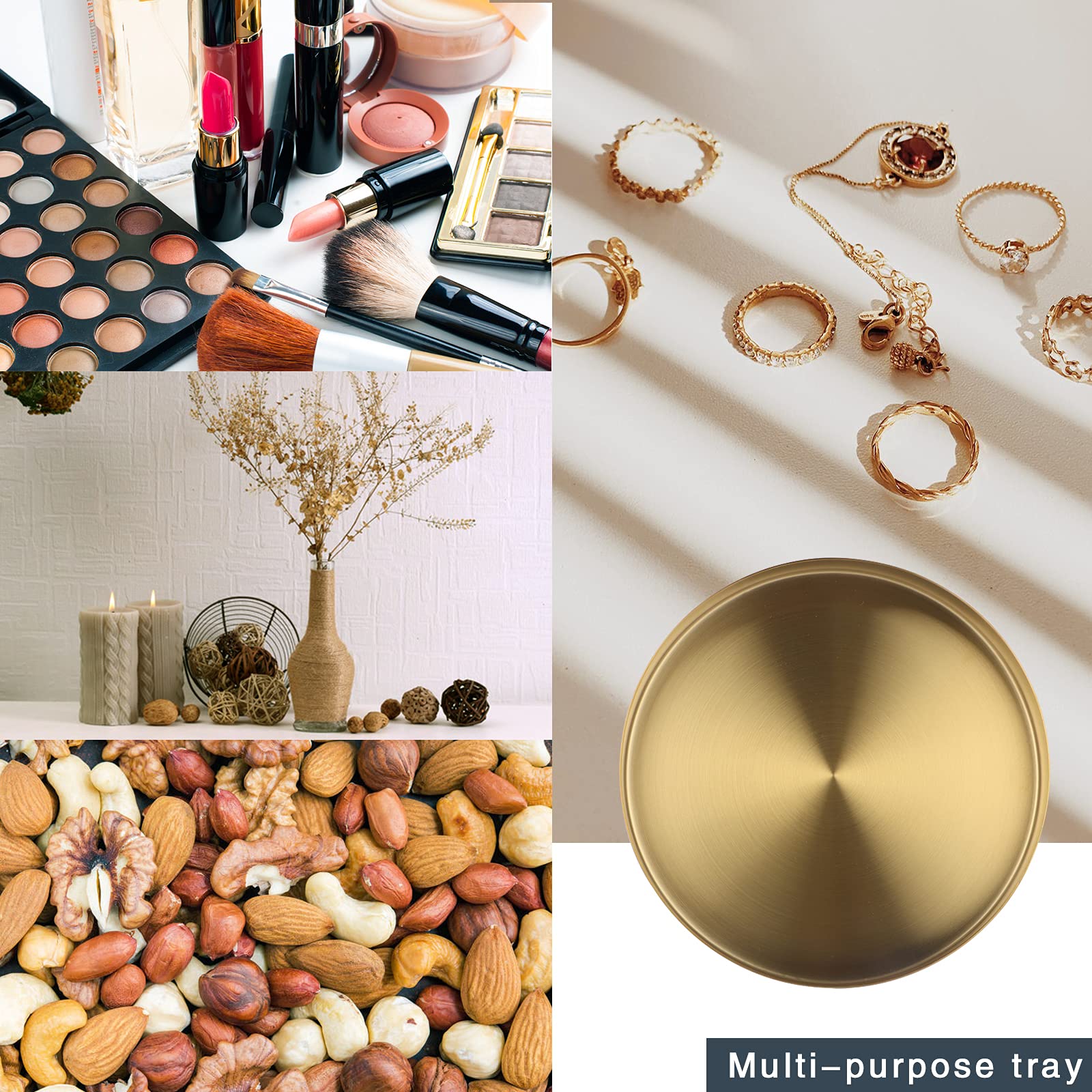 Round Gold Tray - 7.8 Inch Stainless Steel Decorative Tray for Jewelry, Cosmetics & Coffee | Vanity Organizer, Bathroom Plate & Kitchen Tableware | Perfect for Home Decor, Gift Giving & Party Serving