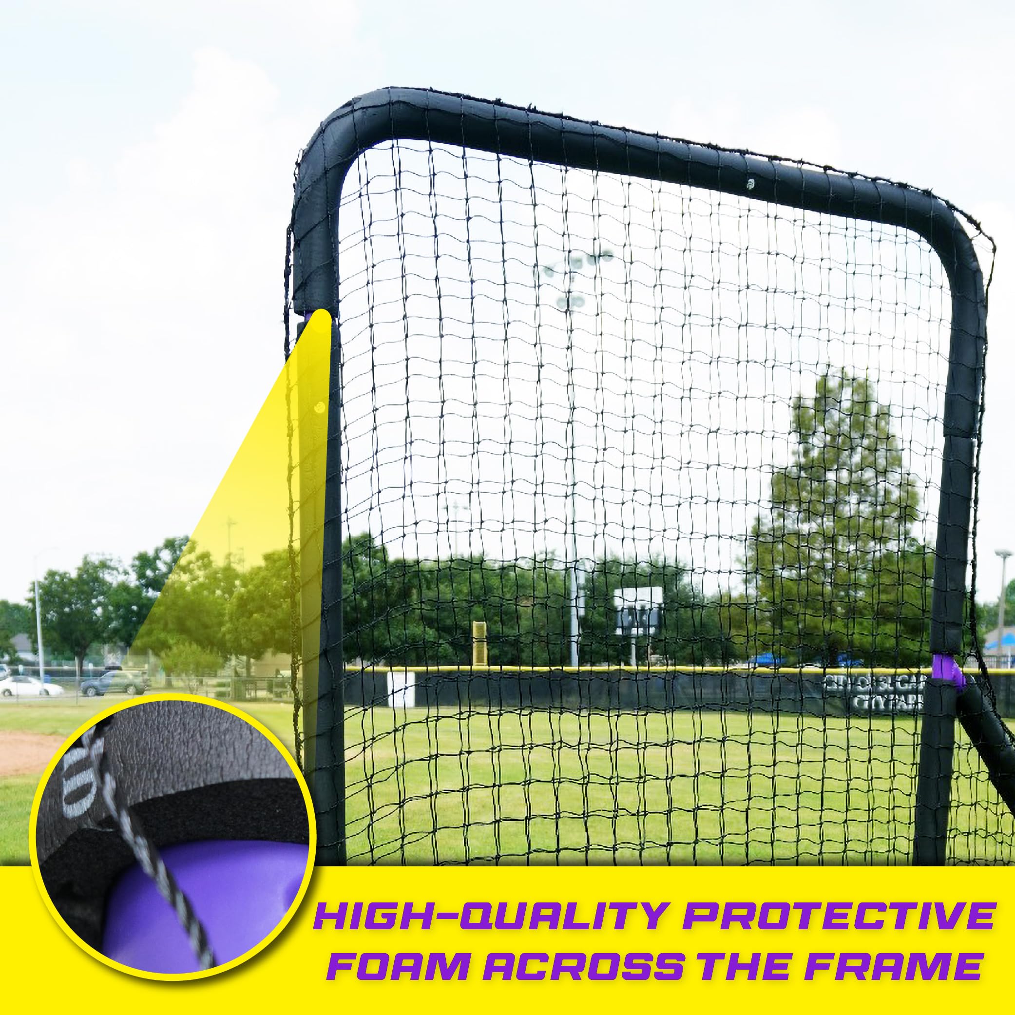Heavy Duty 7x7 ft Portable Baseball Pitching Net with Wheels & Carry Bag - Easy to Assemble L-Screen for Pitching Practice - Perfect for All Skill Levels (Backyard, Training, Games)
