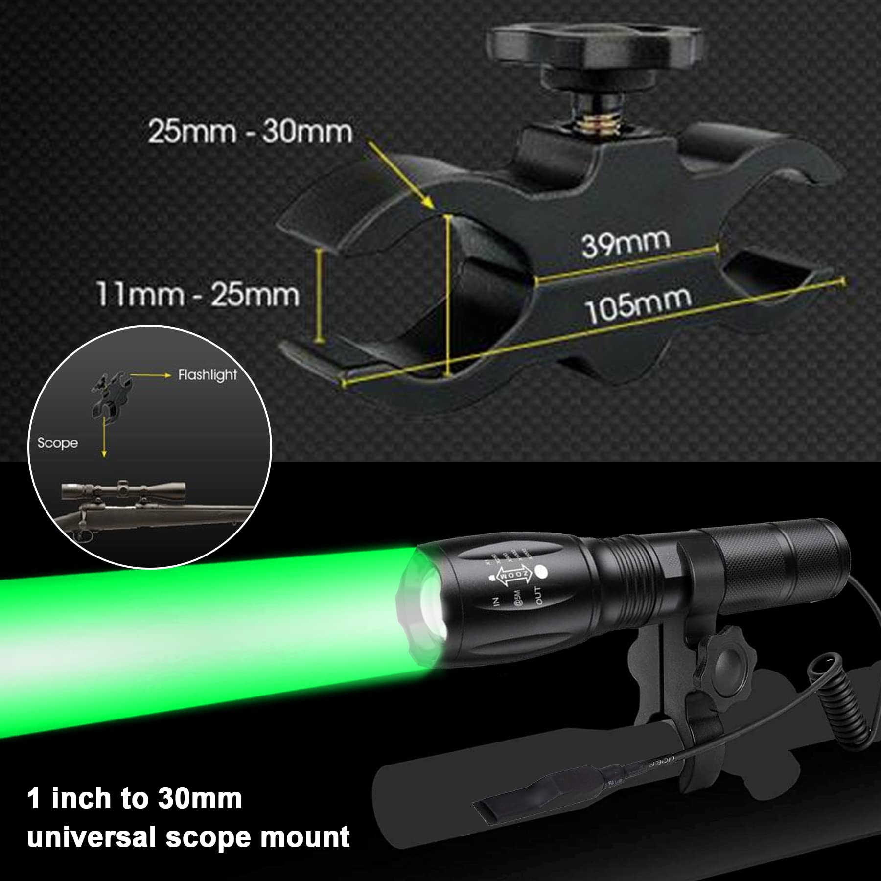 VASTFIRE 350 Yard Green Hunting Light - Zoomable Flashlight for Hog & Predator Hunting with Pressure Switch, Picatinny Rail Mount & 1-30mm Scope Mount - Perfect for Night Hunting, Tactical Missions & Outdoor Adventures (Includes Carrying Case)