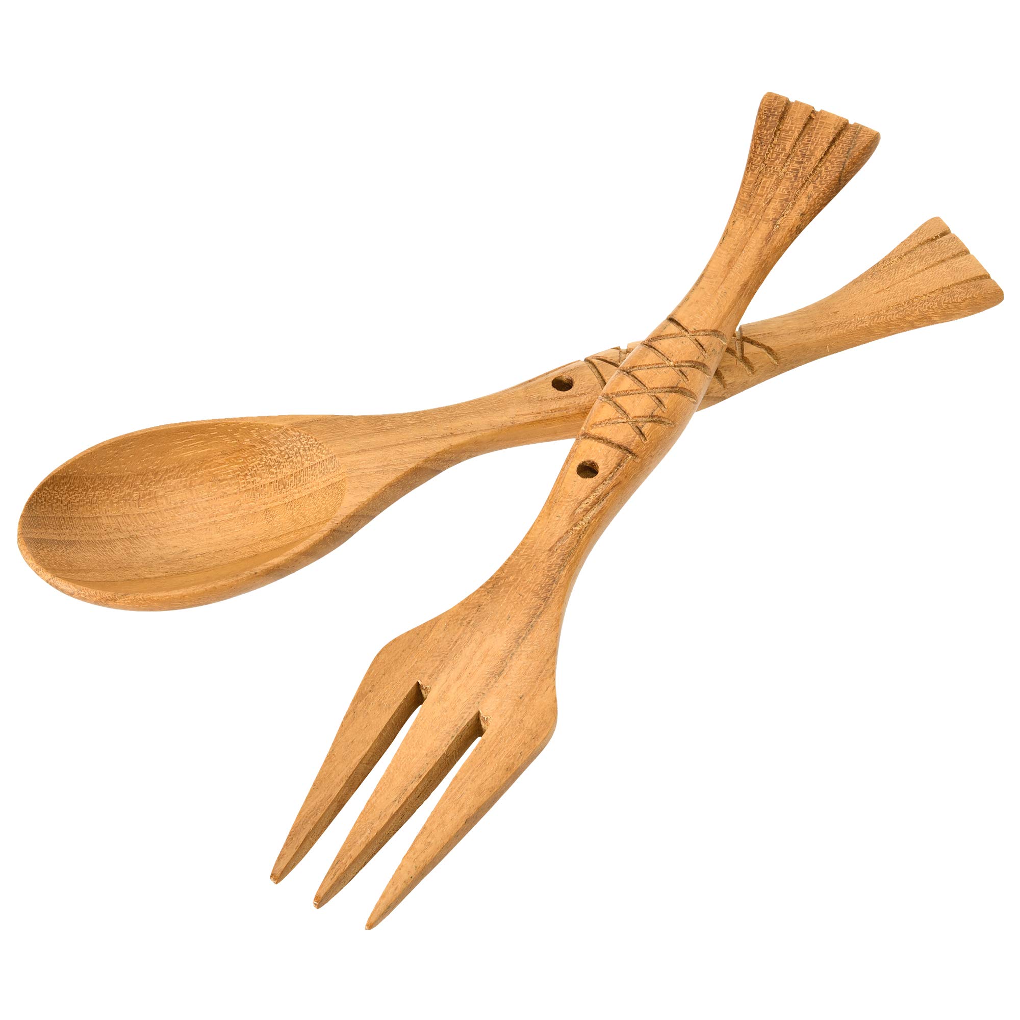 AeraVida Stylish Teak Wood Spoon and Fork Set - Handcrafted Fish Carved Cutlery for Lunch Box, Picnics, Camping & Travel | Eco-Friendly Wooden Utensils | Durable & Lightweight Dining Set