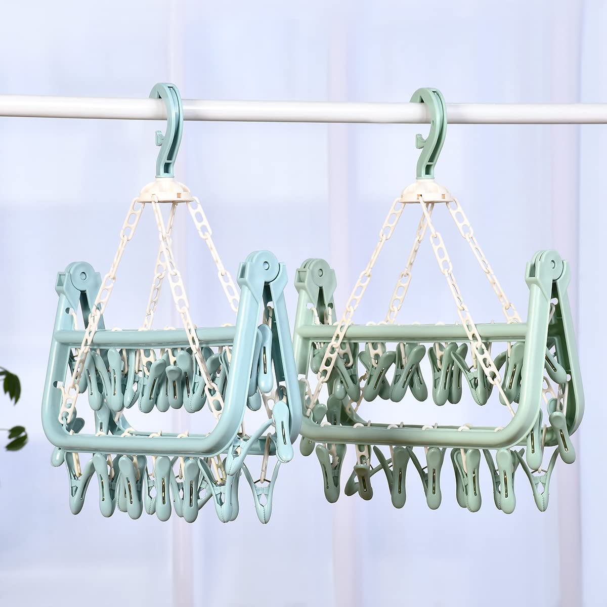 Foldable Plastic Clothes Drying Rack with 32 Clips - Windproof Laundry Hanger for Socks, Bras & Underwear | Space-Saving Drip Dry Solution for Apartments, Dorms & Travel