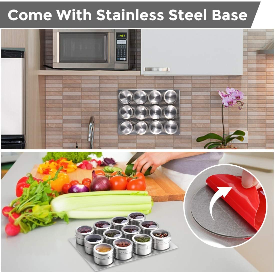 12-Piece Magnetic Spice Jars Set - Stainless Steel Wall Mounted Spice Containers with Strong Hold | Perfect for Kitchen Organization & Spice Storage