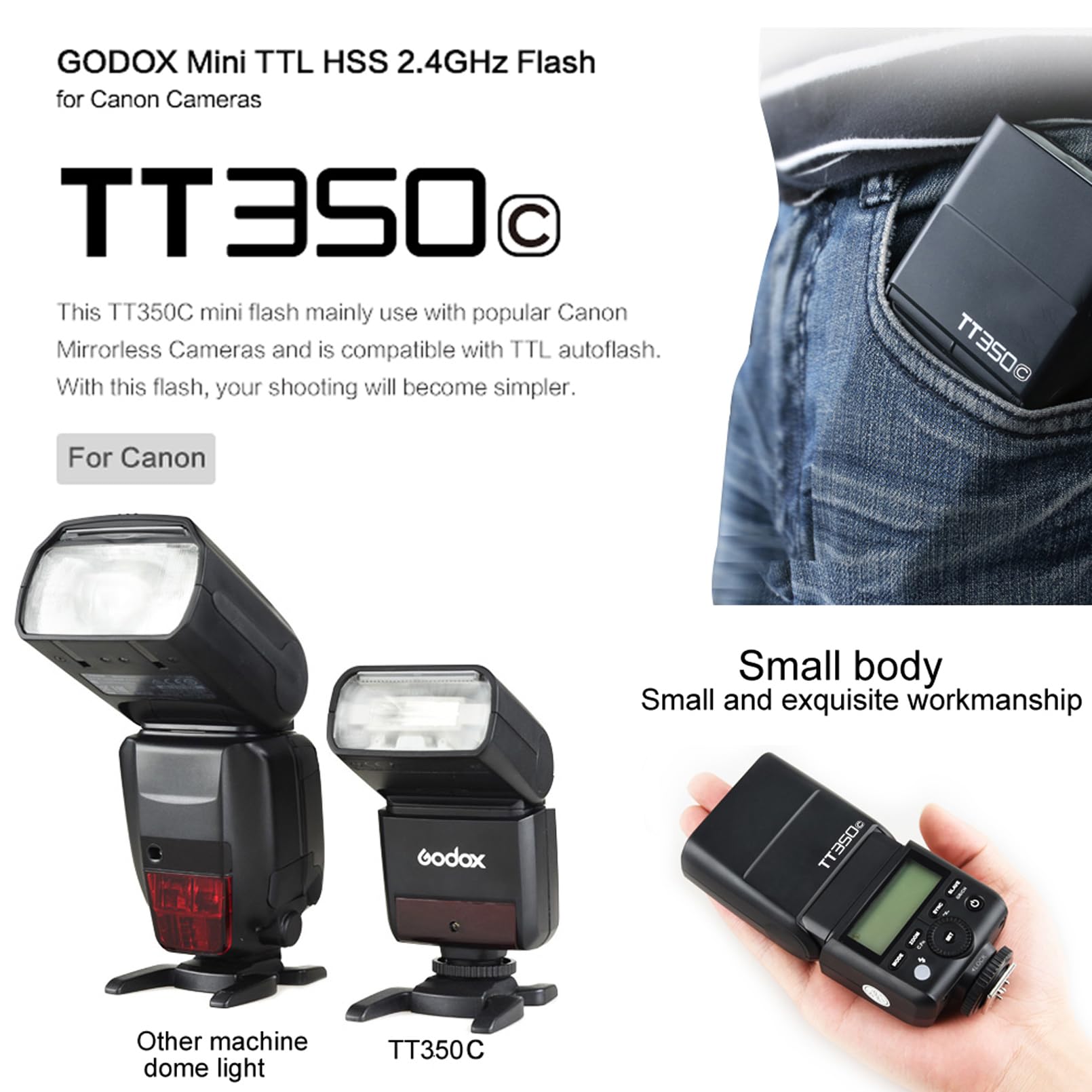 Godox TT350C Mini TTL Flash Speedlight for Canon - 2.4G Wireless GN36 HSS 1/8000s | Compact Camera Flash Compatible with Canon DSLR/Mirrorless | Perfect for Portrait, Wedding & Event Photography