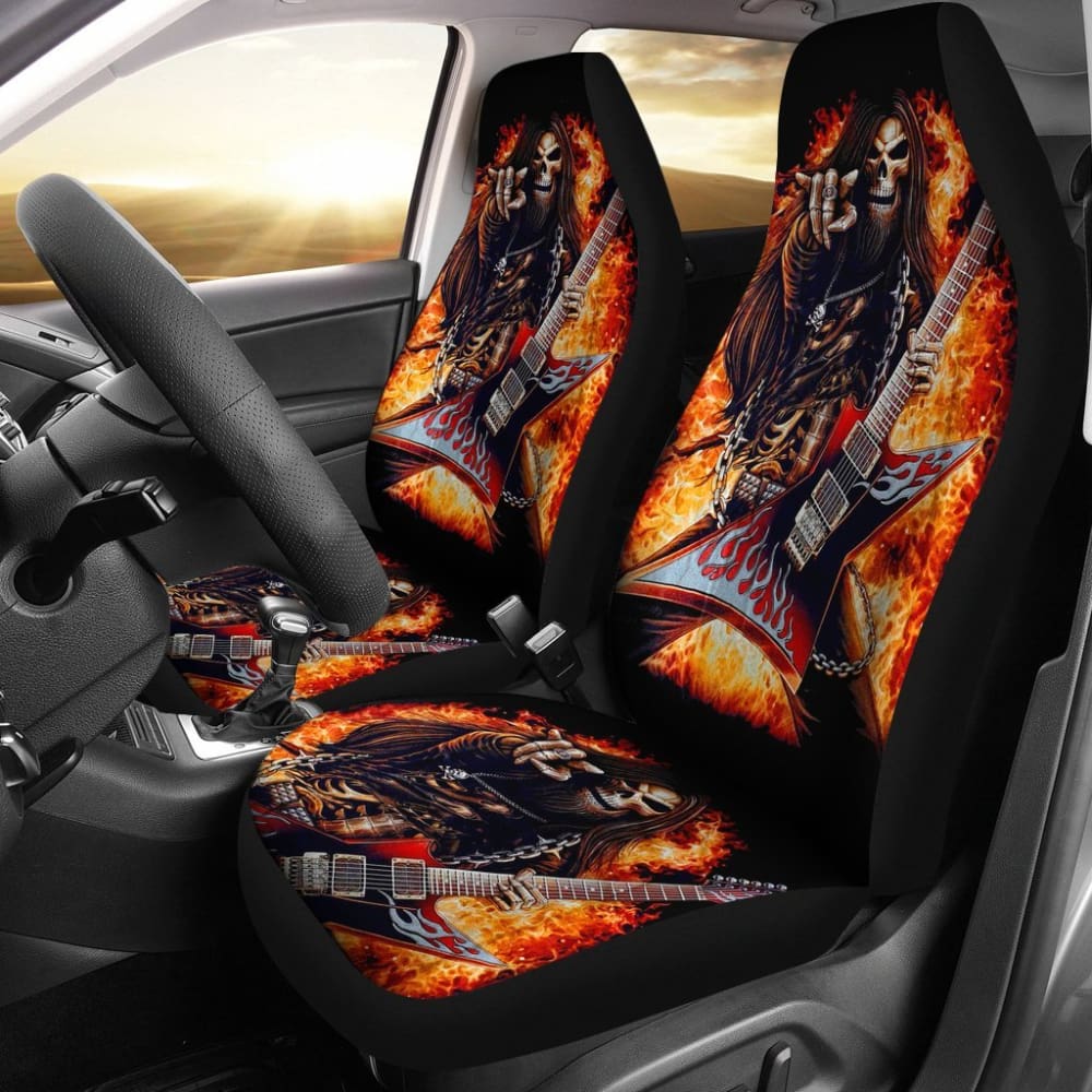 2 Pcs Gothic Skull Guitar Car Seat Covers - Universal Fit for Cars, Trucks & SUVs - Unique Skull Design for Rock Music Lovers - Perfect for Concerts, Road Trips & Gothic Decor