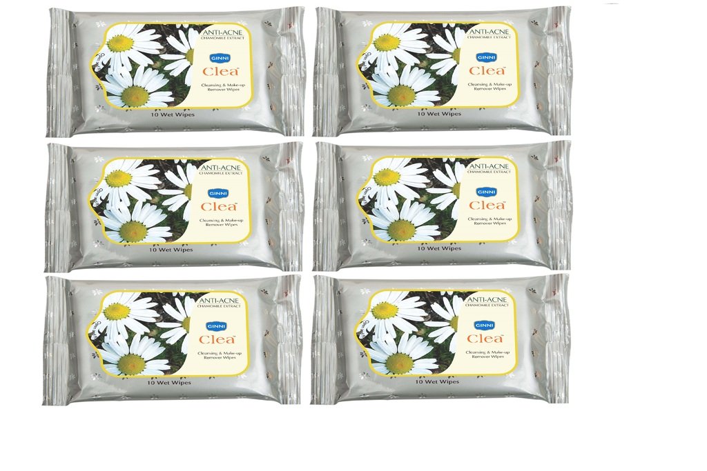 GINNI CLEA Cleansing & Makeup Remover Wipes - 60 Count (6 Packs x 10 Wipes) | Anti-Acne Facial Wipes for Sensitive Skin | Perfect for Travel, Gym & Daily Skincare Routine