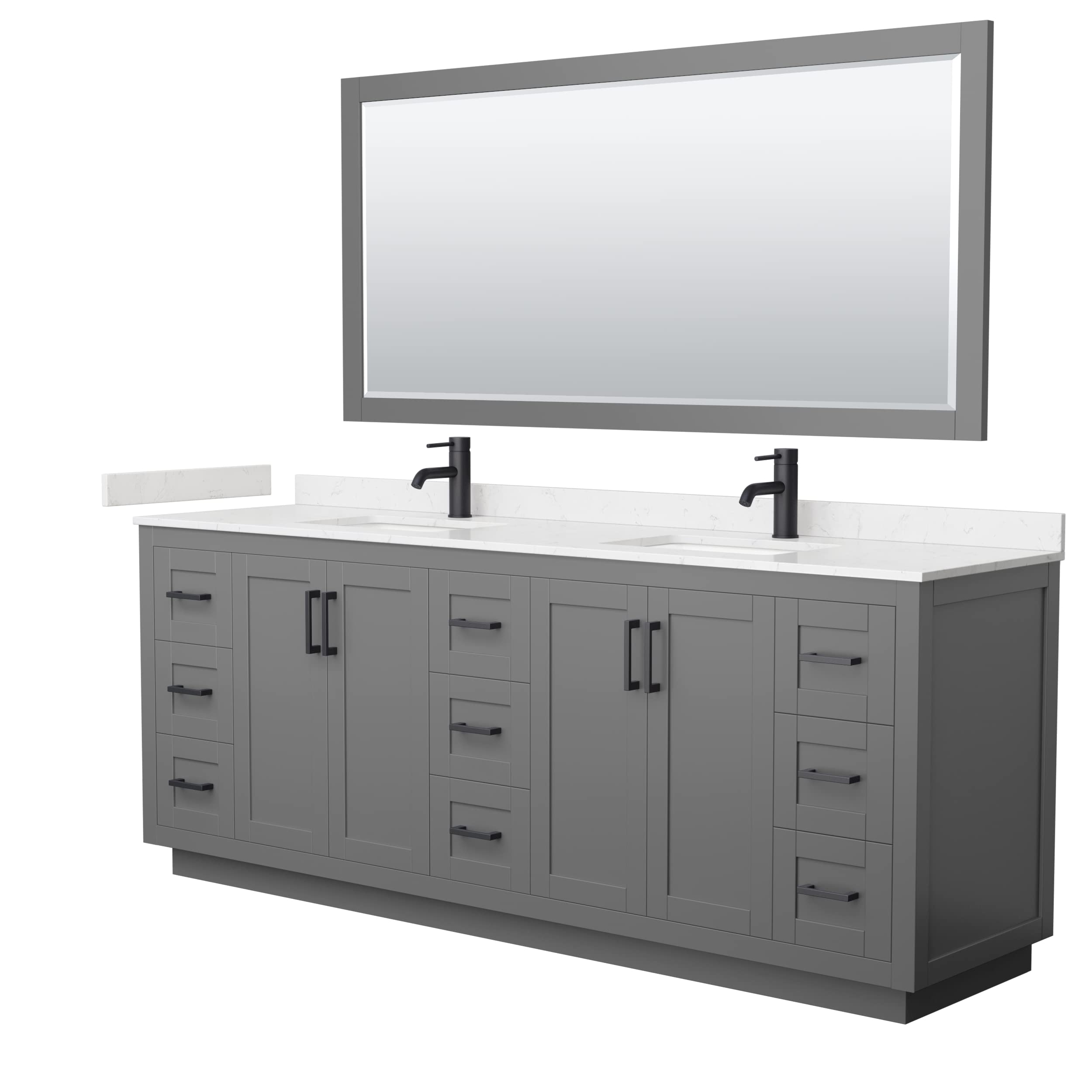 Wyndham Collection Miranda 84 Inch Double Bathroom Vanity with Carrara Marble Countertop - Dark Gray Finish, Undermount Square Sinks, Matte Black Trim & 70 Inch Mirror - Perfect for Master Bathroom or Guest Bath Remodel