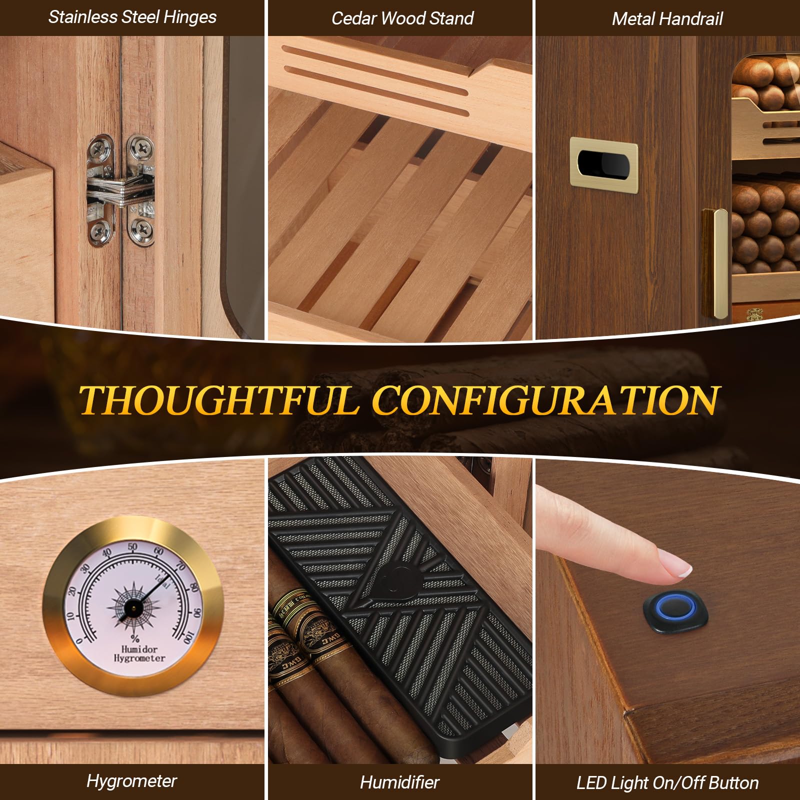 Premium Spanish Cedar Cigar Humidor Cabinet with LED Light & Hygrometer - 100-150 Cigar Capacity, Magnetic Door, 3+1 Large Drawers & 3 Humidifiers - Perfect for Home, Office, or as Luxury Gifts for Men (Whiskey & Cigar Enthusiasts)
