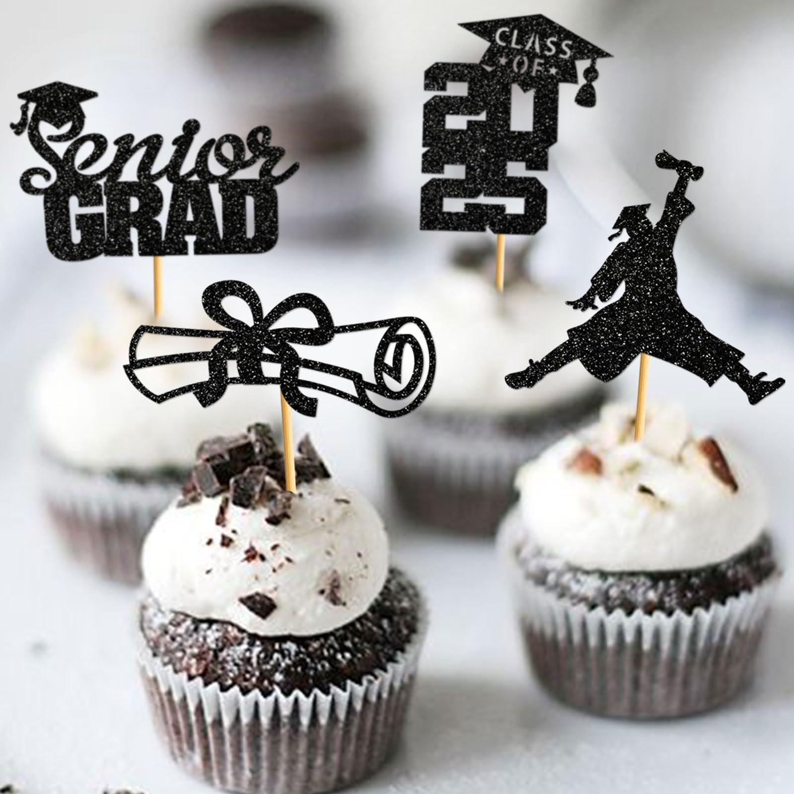 40Pcs Graduation Cupcake Toppers 2025 - Black Glitter Senior Class of 2025 Cupcake Decorations with Diploma & Grad Cap Picks - Perfect for High School Graduation Party Supplies, College Graduation Celebrations & Commencement Dessert Decor