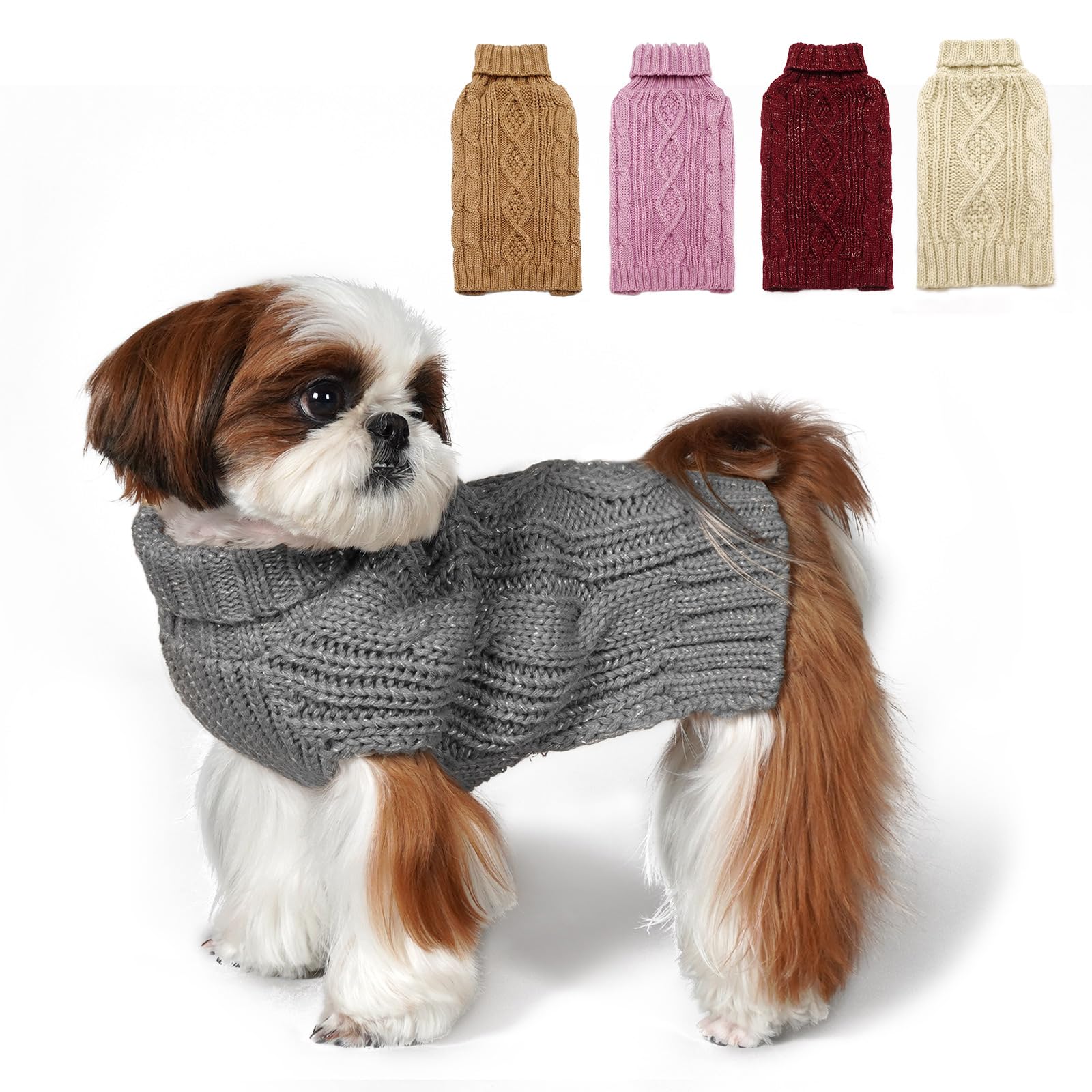 KYEESE Golden Thread Dog Sweater - Turtleneck Pullover for Small Dogs, Grey | Cold Weather & Indoor Wear