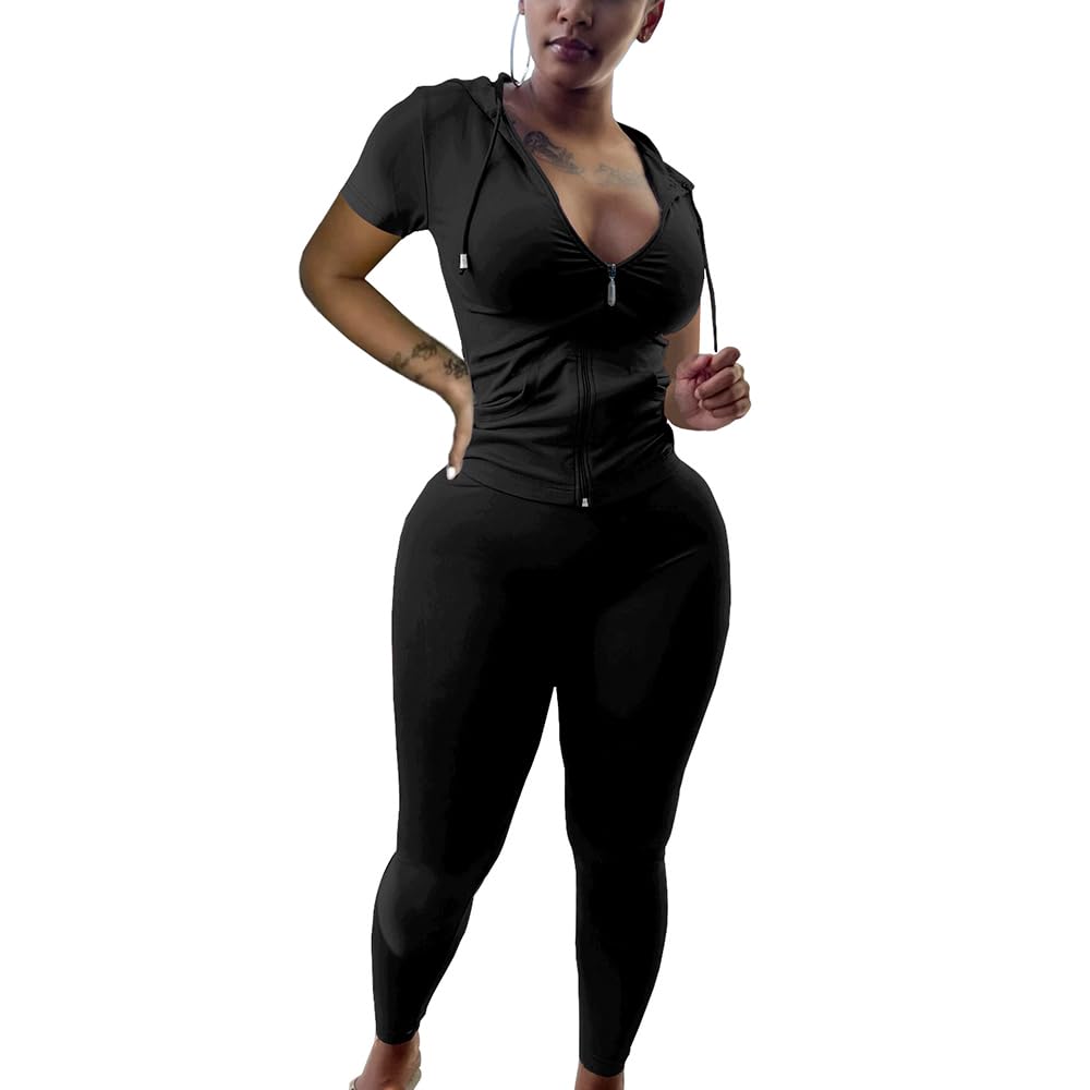 PINSV Women's 2-Piece Workout Set - Short Sleeve Bodycon Tracksuit & Joggers | Gym Outfit, Yoga Clothes, Running & Lounge Wear
