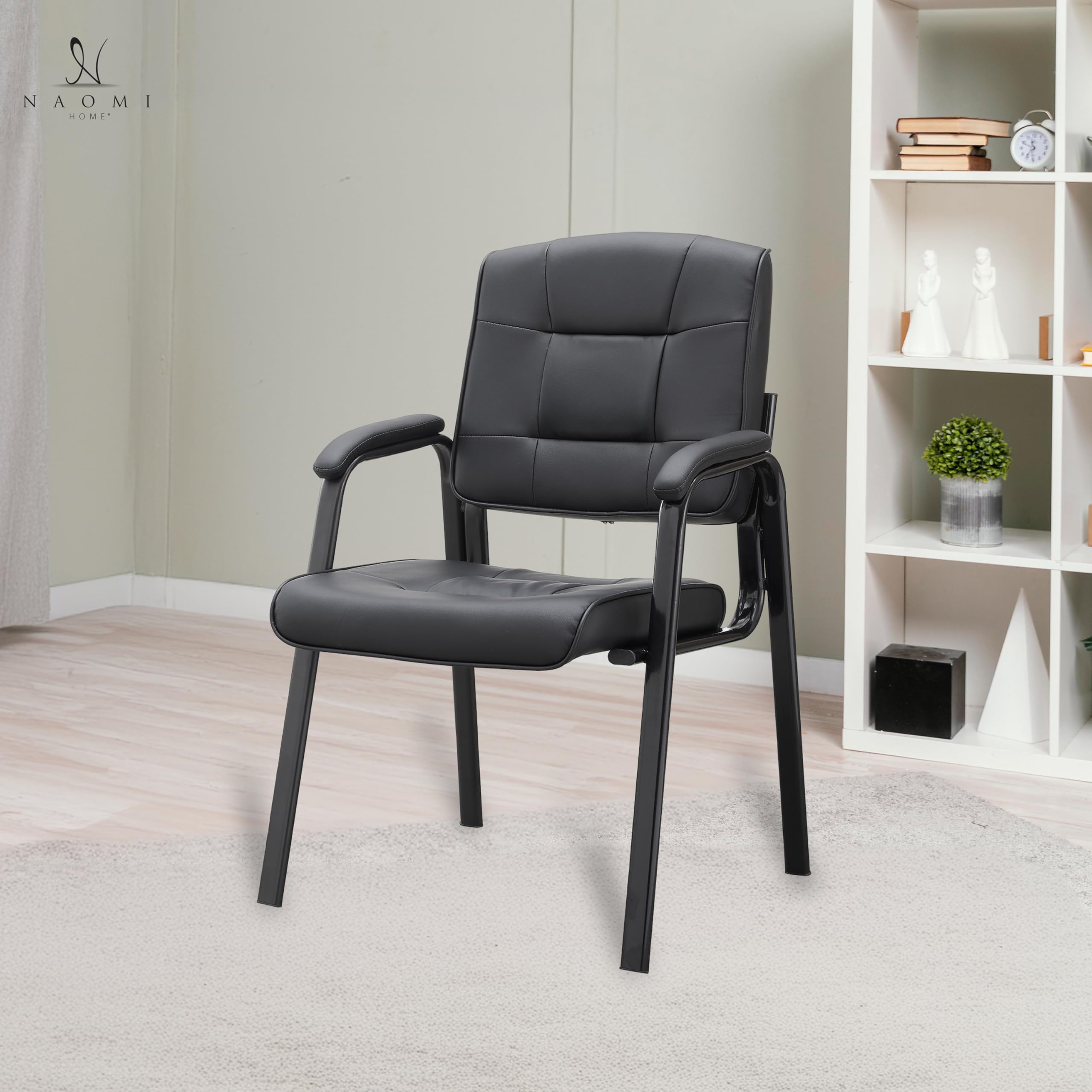 Naomi Home 2-Piece Heavy Duty Leather Executive Waiting Room Chairs Set - Black - Padded Armrest Lobby Reception Chairs for Office, Clinic, Hotel, and Conference Room Guest Seating