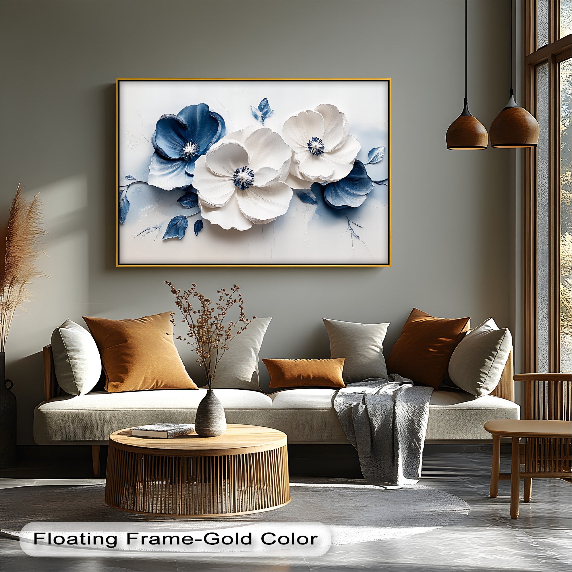 Blue Serenity Blooms Floral Canvas Wall Art - Navy & White Botanical Painting for Living Room, Bedroom Decor | Home & Office Wall Hanging