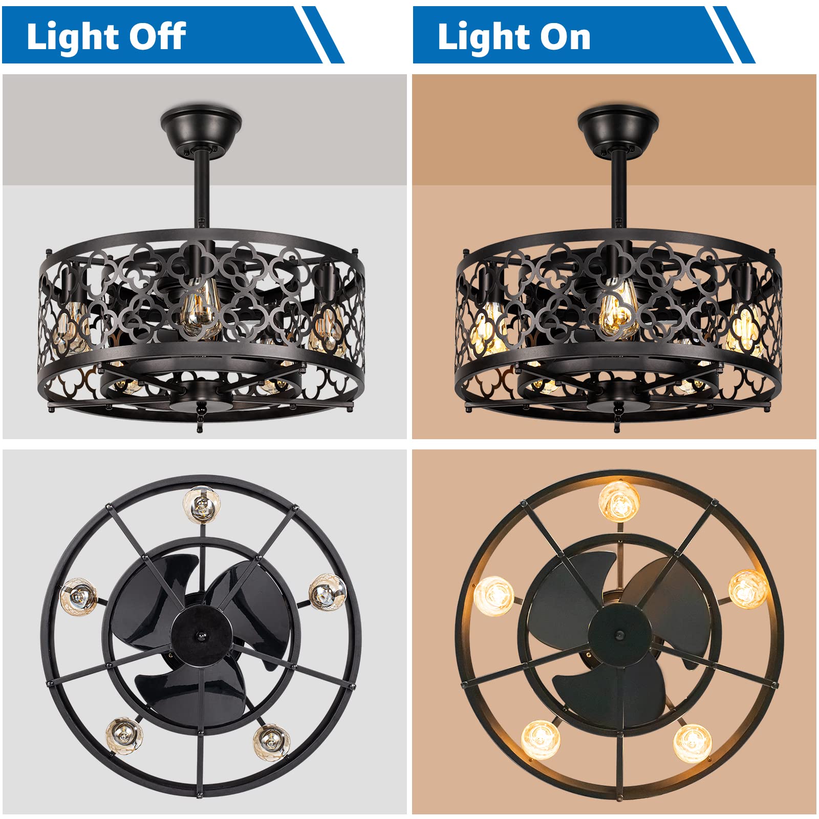 **SUNVIE 21-inch Caged Ceiling Fan with Lights & Remote Control - Industrial Bladeless Enclosed Ceiling Fan with Reversible Motor, 5 E26 Base (No Bulb Included) - Perfect for Bedroom, Kitchen, Living Room, Office & Patio**