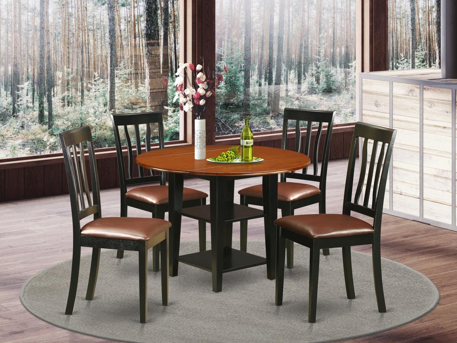 East West Furniture SUAN5-BCH-LC 5-Piece Kitchen Dining Set - Round Drop Leaf Table with Storage Shelf & 4 Faux Leather Chairs, 42x42 Inch, Black & Cherry - Perfect for Small Spaces, Breakfast Nooks, and Cozy Apartments