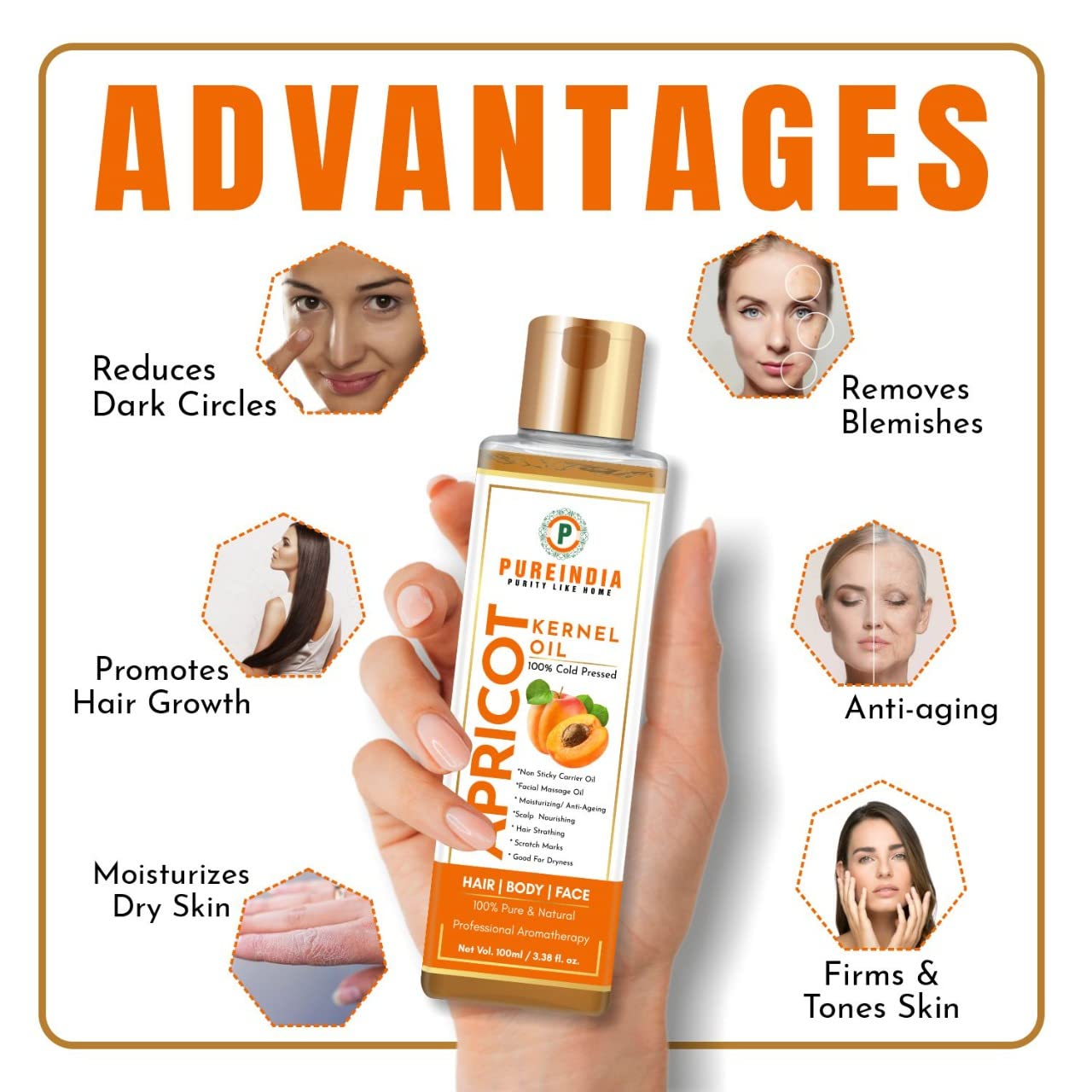 Pure Cold Pressed Apricot Oil for Face, Hair & Body - 100% Natural Anti-Aging Moisturizer for Dry Skin, Hair Growth & Nail Care | 100ml | Ideal for Massage, Aromatherapy & DIY Beauty Recipes