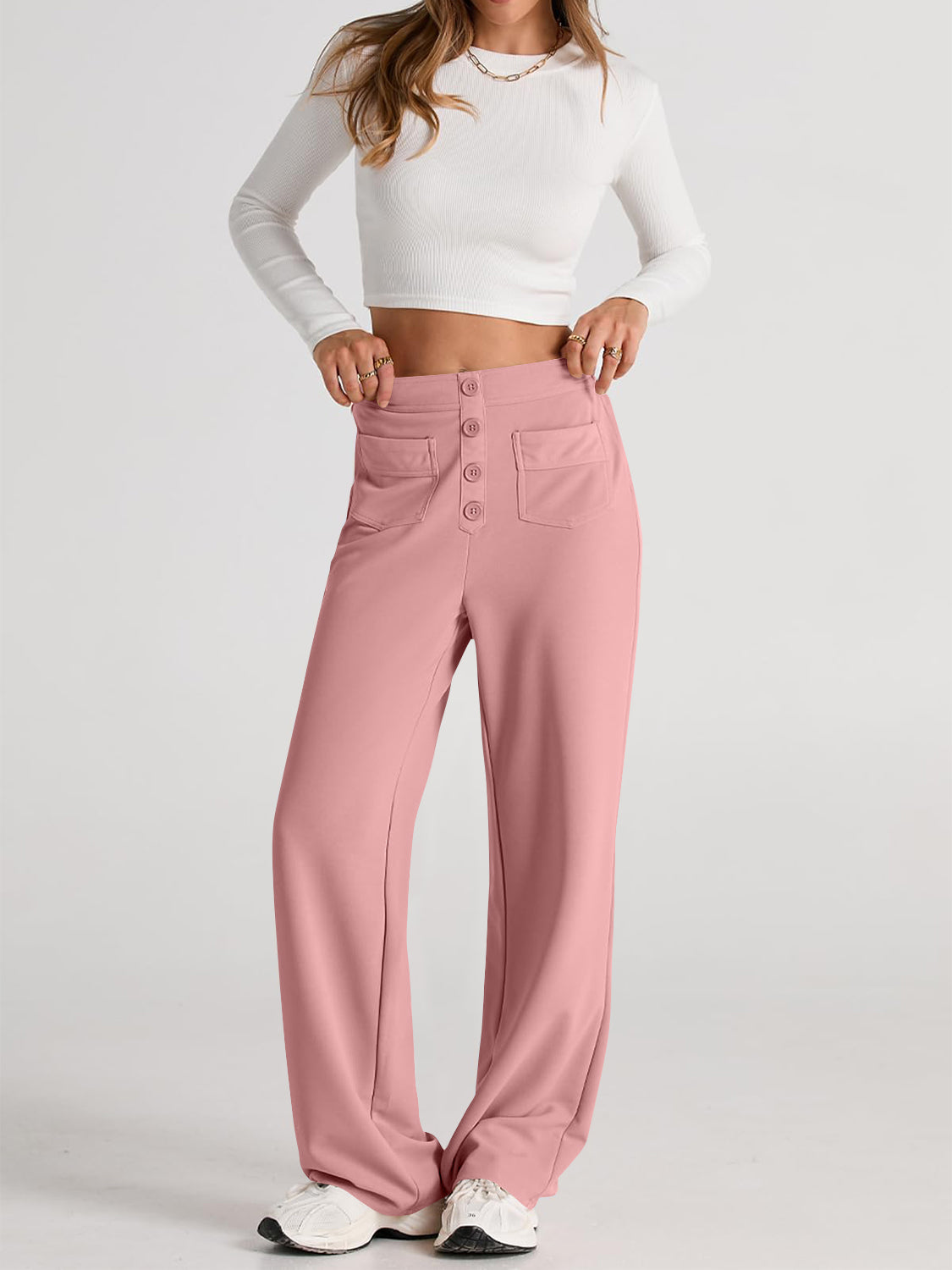 High Waist Wide Leg Pants for Women - Comfortable Stretchy Trousers with Elastic Waistband | Perfect for Office, Casual Wear & Travel