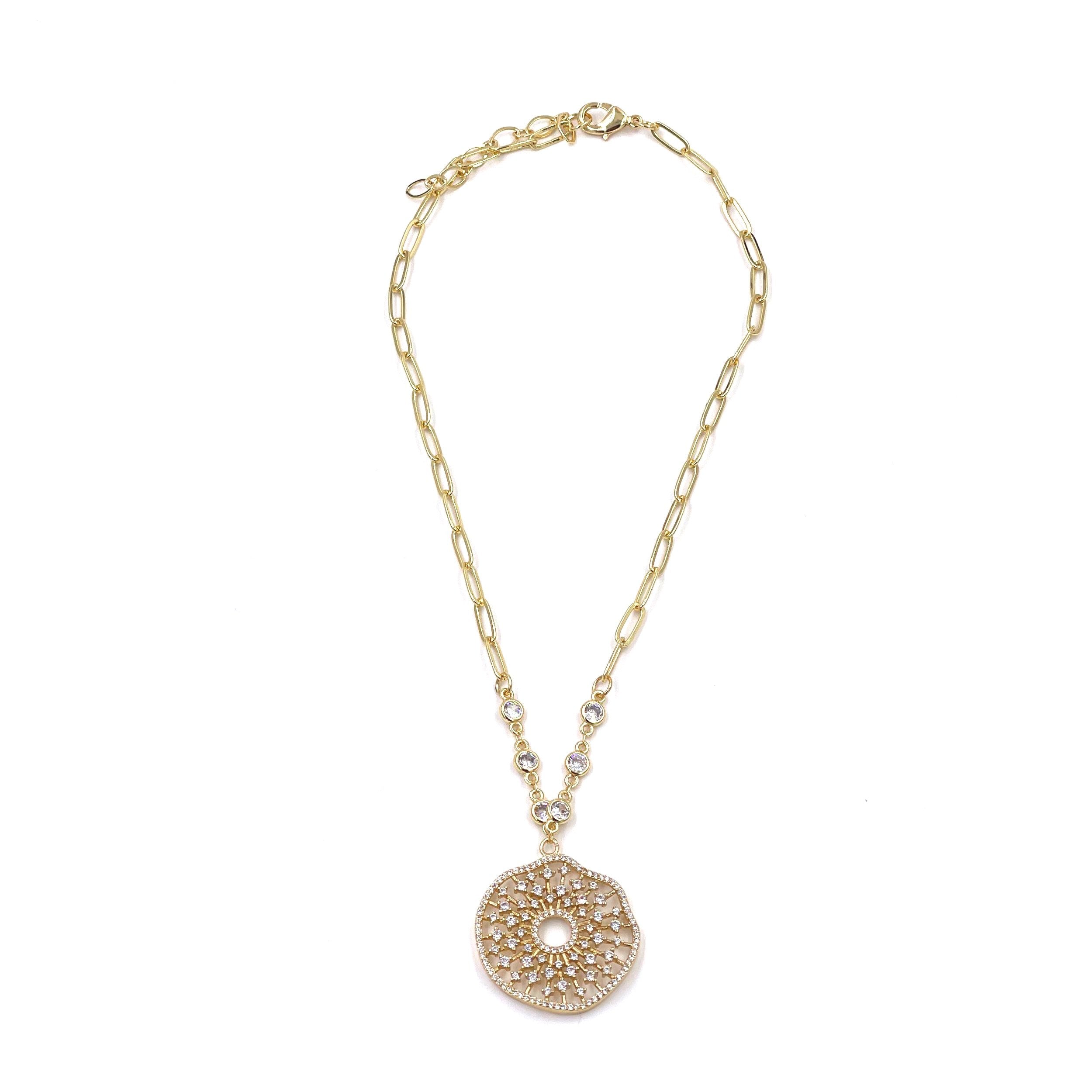 Ashley Gold Stainless Steel Gold Plated Cubic Zirconia Lace Design Pendant Necklace for Women - Perfect for Weddings, Parties & Special Occasions