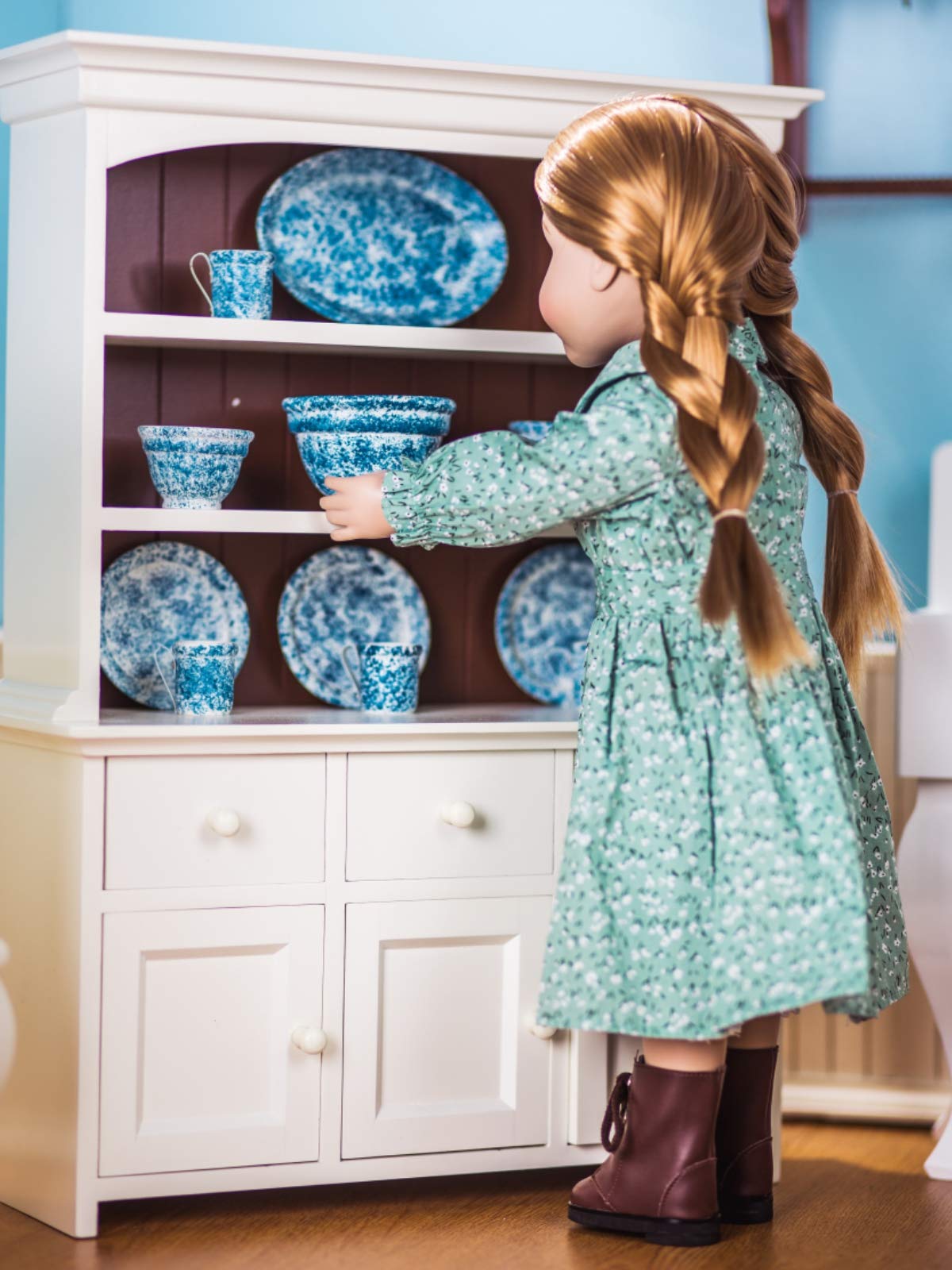 18 Inch Doll Wooden Kitchen Cupboard Hutch - Farmhouse Style Fully Assembled Furniture for American Girl & 18