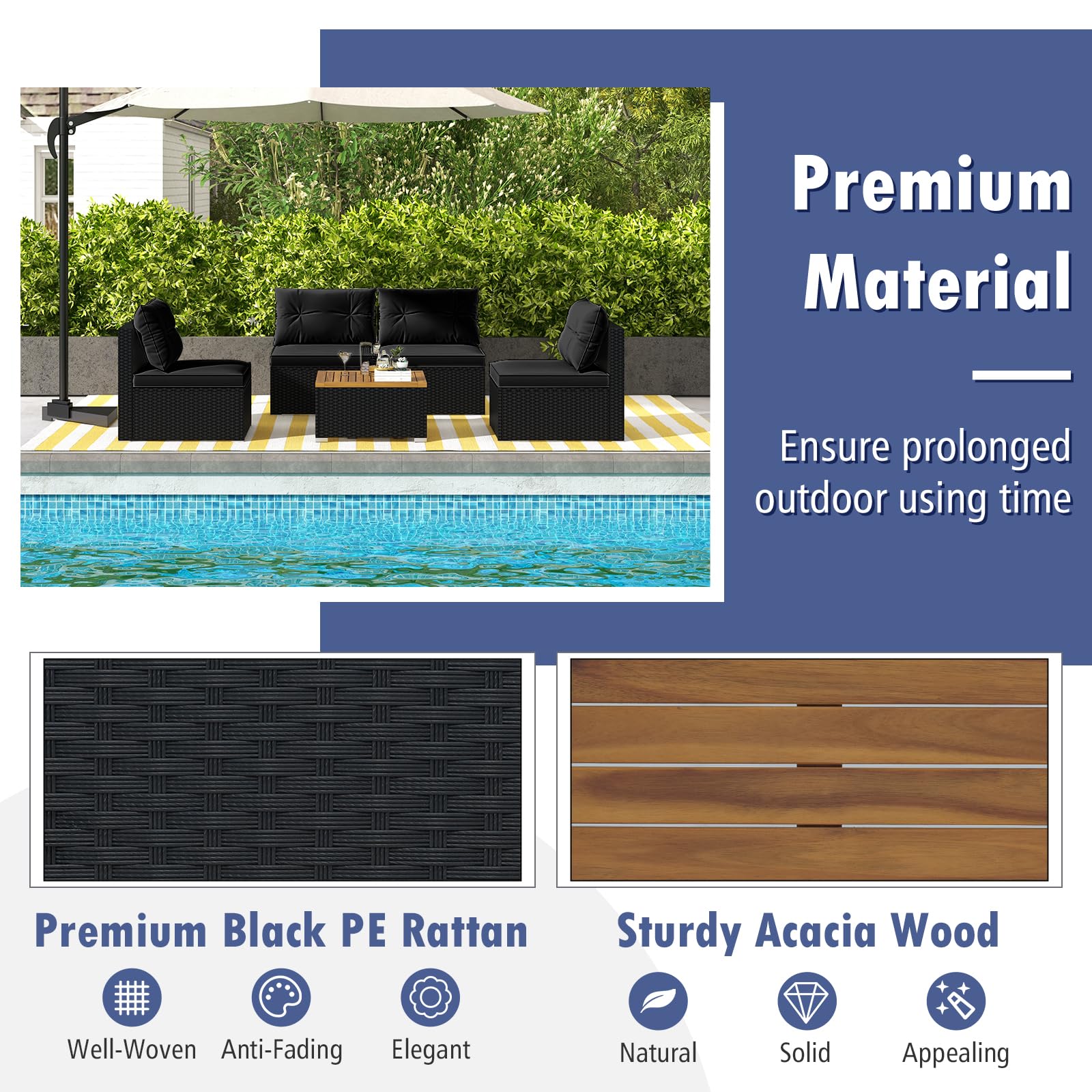 Tangkula 5-Piece Outdoor Rattan Sofa Set with Cushions & Square Coffee Table - Patio Furniture for Backyard, Poolside, Garden (Black) | Perfect for Relaxing, Entertaining & Outdoor Gatherings