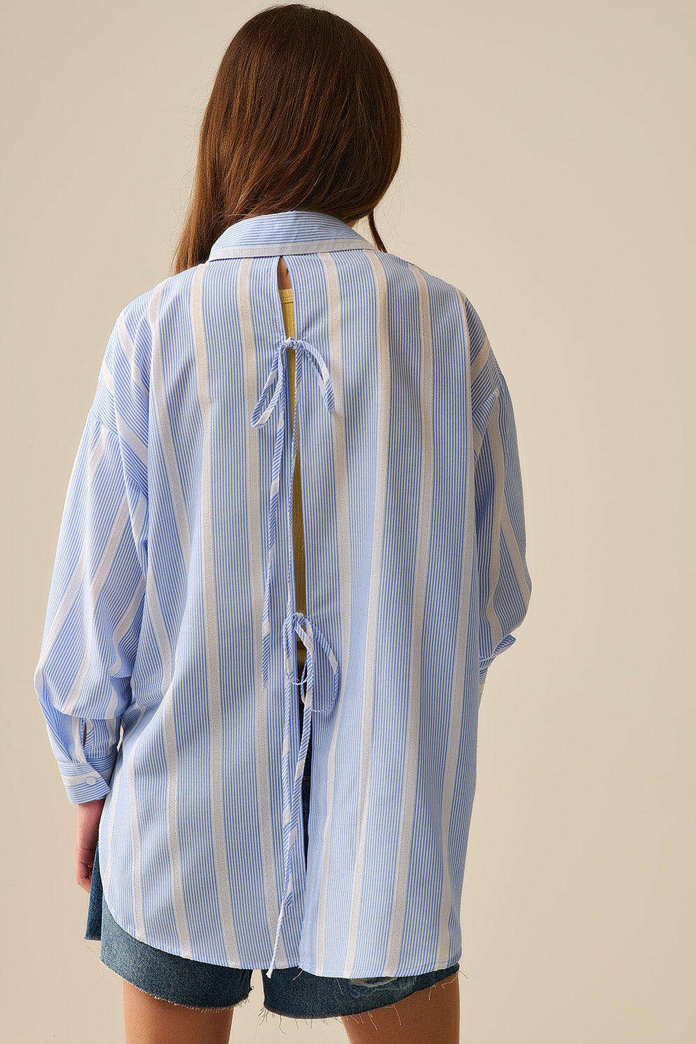Blue and White Striped Casual Tie-Back Shirt for Women - Perfect for Summer Outings, Beach Vacations, and Casual Office Wear