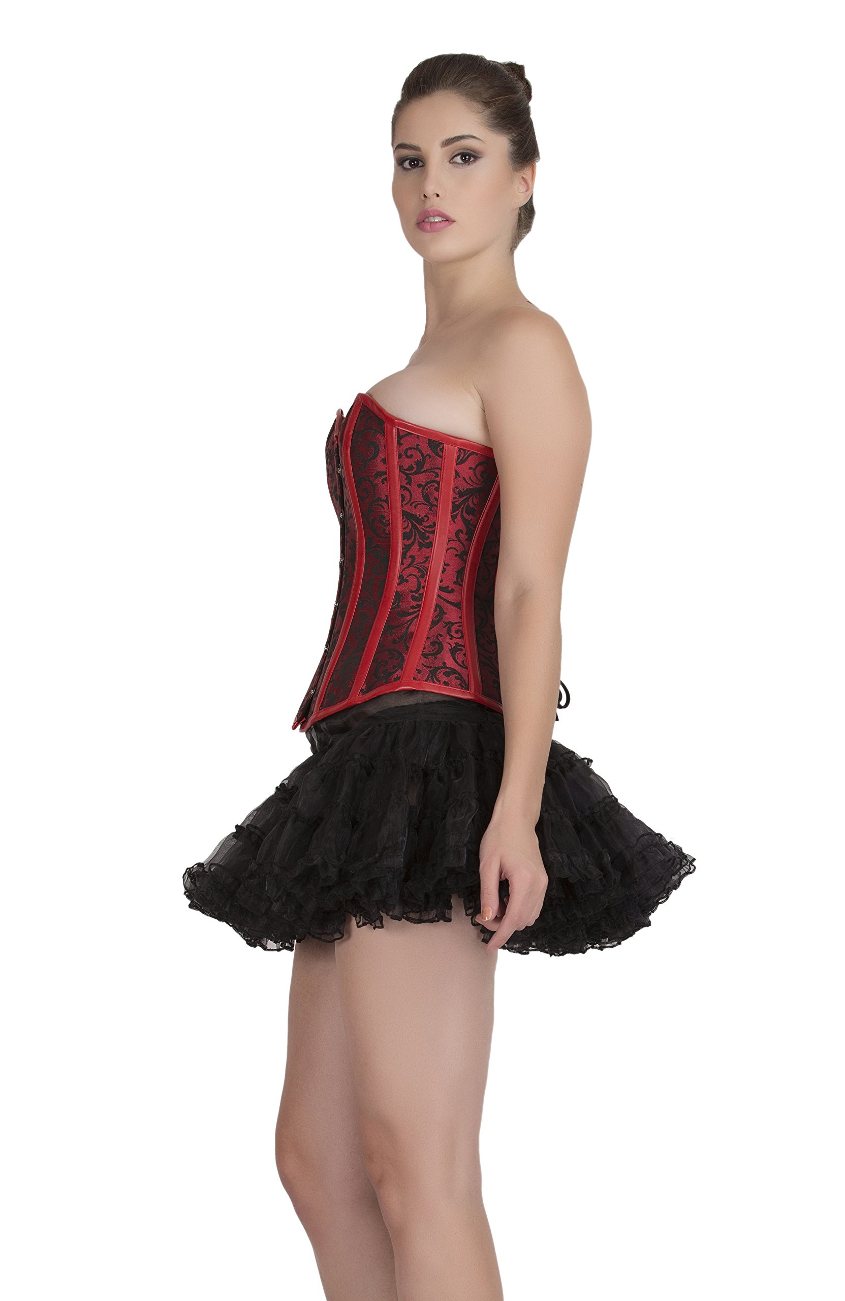 Elegant Red & Black Brocade Overbust Corset Dress with Leather Stripes & Tulle Skirt - Gothic Victorian Steampunk Costume for Cosplay, Burlesque, Halloween & Special Occasions