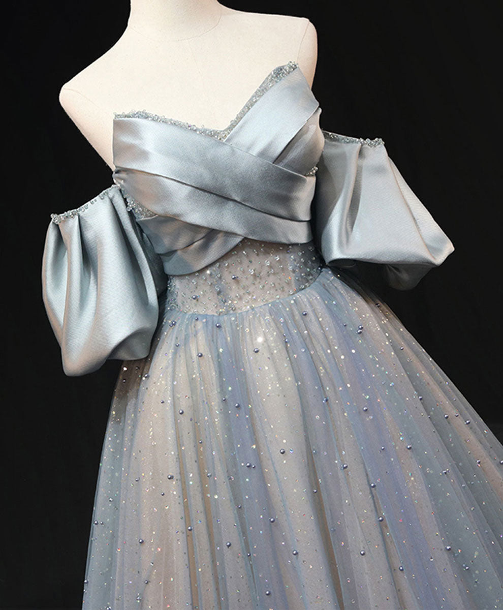 Elegant Blue A-Line Tulle Long Prom Dress with Beading | Formal Evening Gown for Homecoming, Ball & Special Occasions