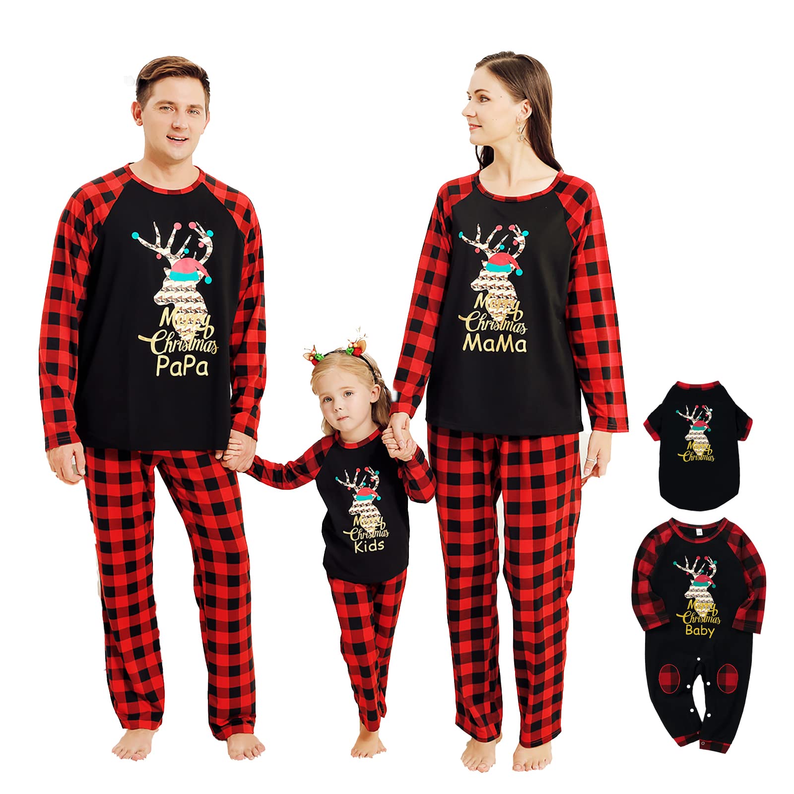 Puseky Christmas Family Matching Outfits - Reindeer Plaid Shirt & Pants Set for Dad, Mom, Kids & Baby | Cozy Holiday Homewear for Family Photos & Festive Gatherings