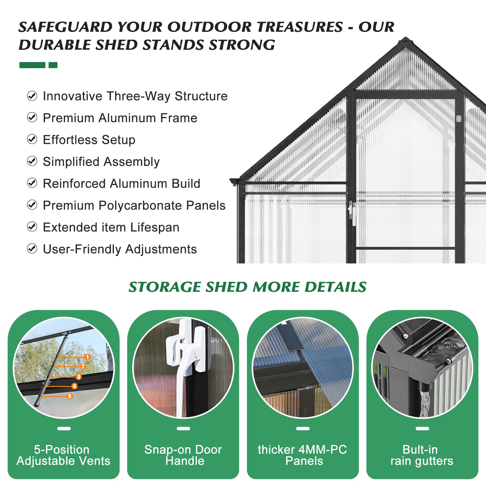 6x10 FT Polycarbonate Greenhouse Kit - Heavy Duty Aluminum Walk-in Greenhouse with Quick Setup, Rain Gutter & Ventilation Window - Perfect for Outdoor Garden, Backyard & Plant Protection