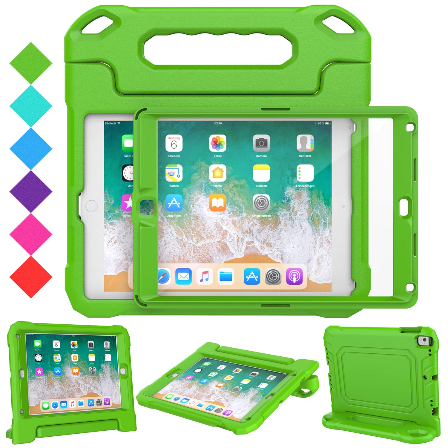 SUPLIK Shockproof Kids iPad Case for iPad 5th/6th Gen (9.7 inch 2017/2018), iPad Air 1/2 & Pro 9.7 - Durable Protective Cover with Handle Stand & Screen Protector - Green - Perfect for School, Travel & Home Use