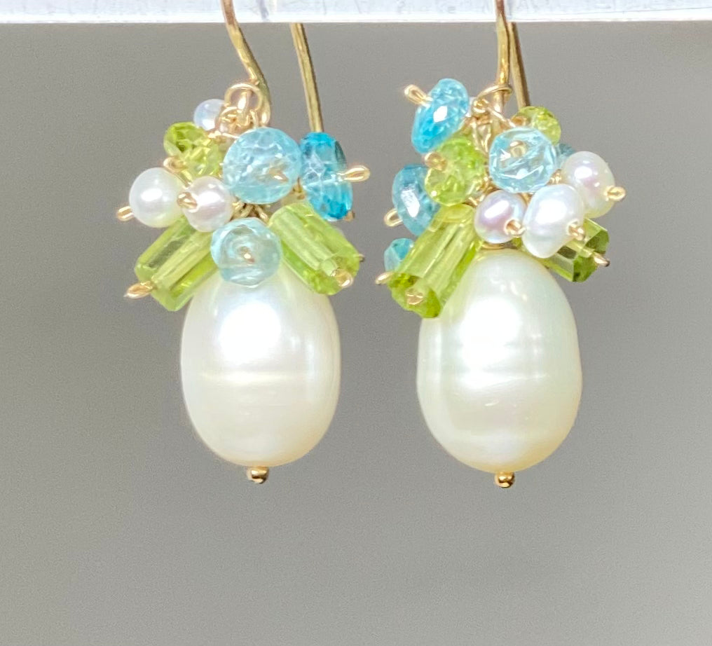 Pearl and Peridot Blue Zircon Cluster Earrings in Gold Fill - Elegant Dangle Earrings for Women, Perfect for Weddings, Parties & Special Occasions
