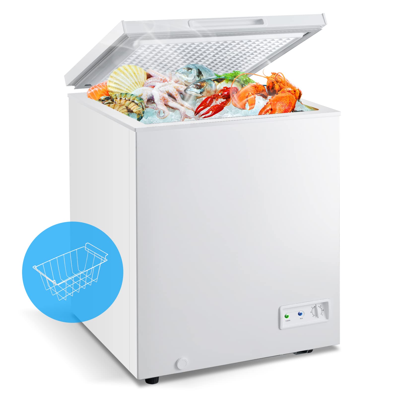 CHEFJOY 5 Cu Ft Compact Chest Freezer - Freestanding Flip Top Deep Freezer with 7 Adjustable Temperature Settings (-11℉ to 10℉), Removable Sliding Basket & Wheels - Perfect for Home, Garage, Basement, or Small Business Storage